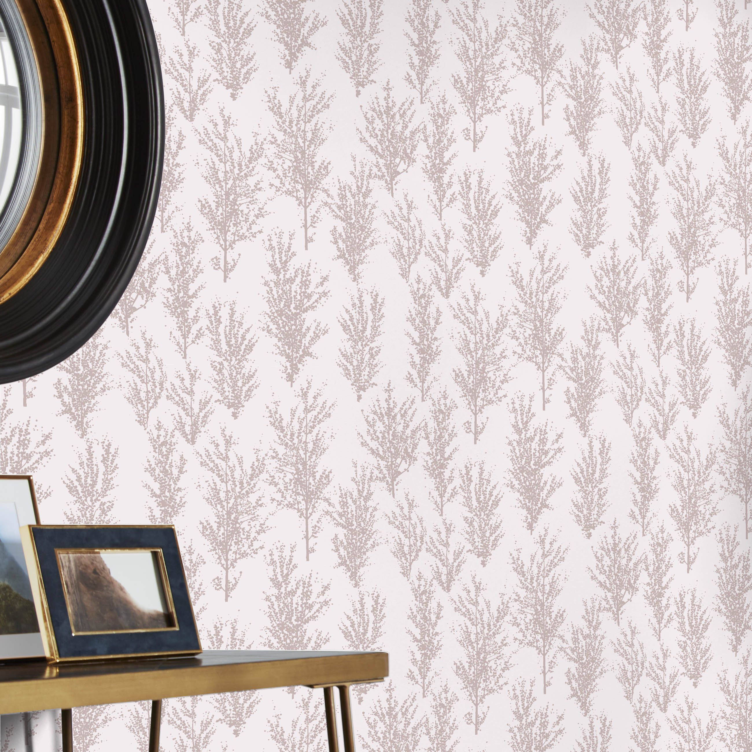 GoodHome Jatoba Beige Rose gold glitter effect Tree Textured Wallpaper Sample