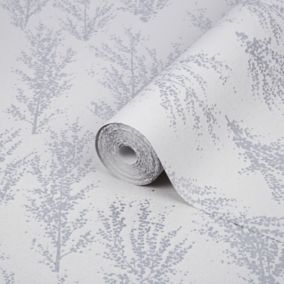 GoodHome Jatoba White Tree Silver glitter effect Textured Wallpaper
