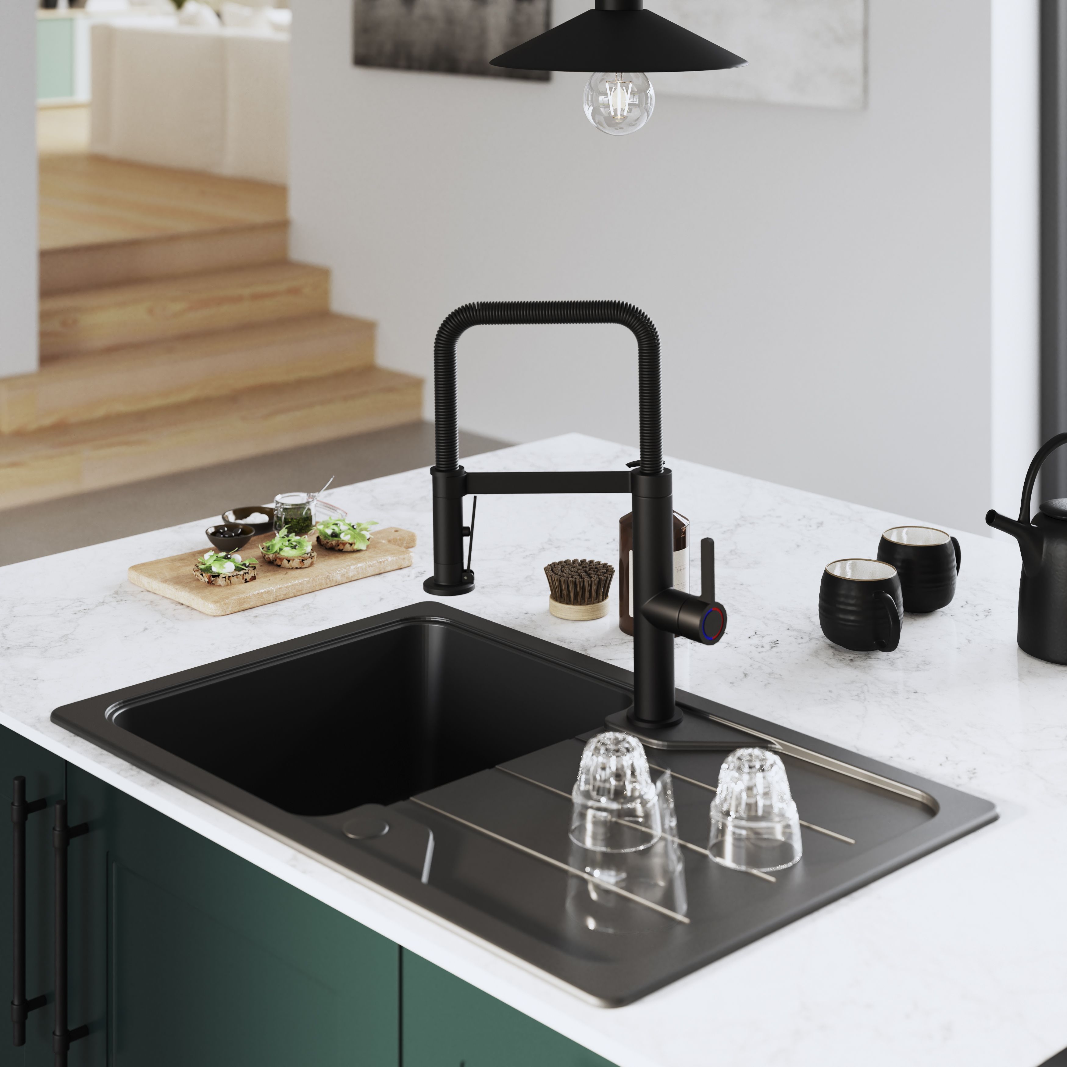GoodHome Kamut Matt Graphite effect Kitchen Side lever spring neck Tap