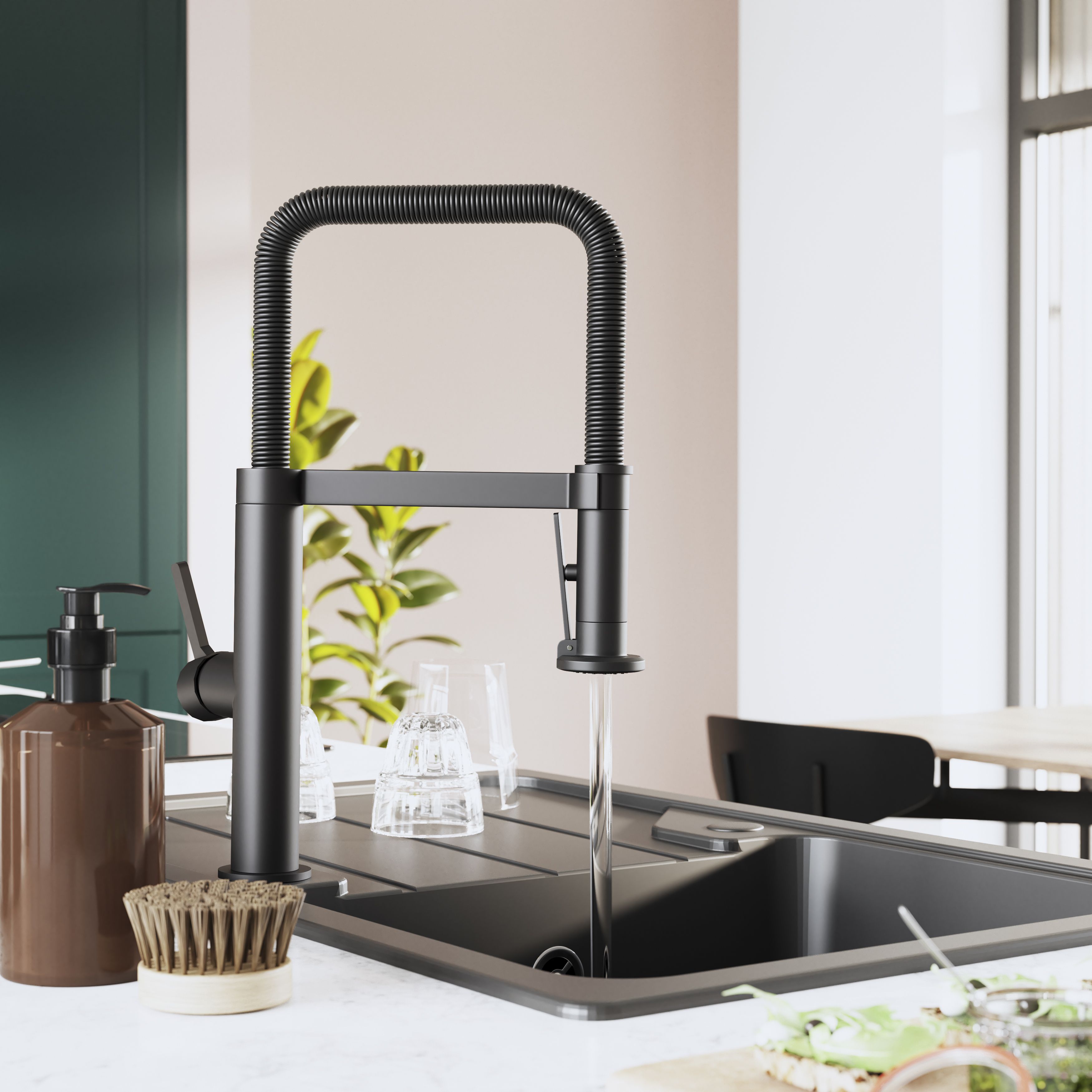 GoodHome Kamut Matt Graphite effect Kitchen Side lever spring neck Tap