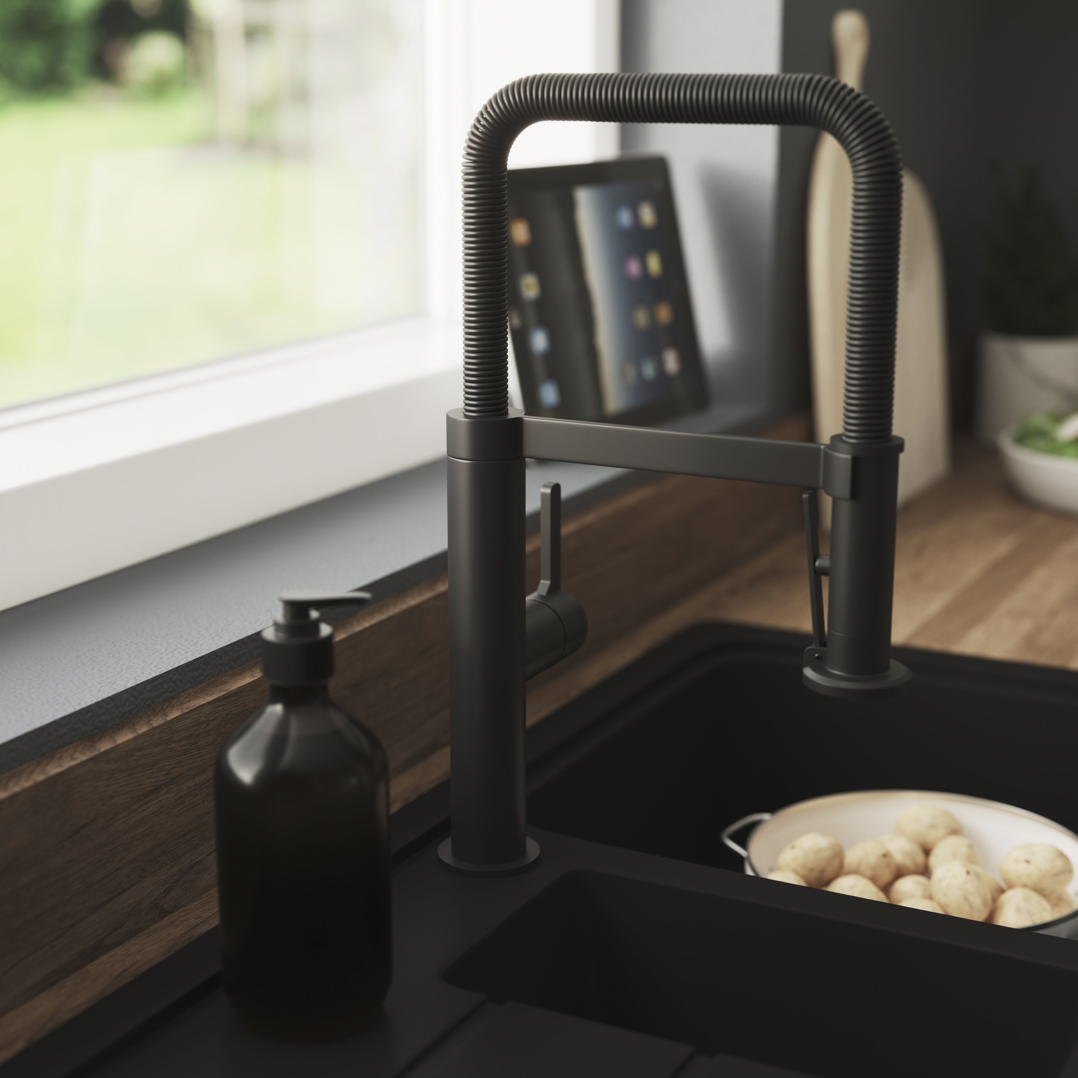 GoodHome Kamut Matt Graphite effect Kitchen Side lever spring neck Tap