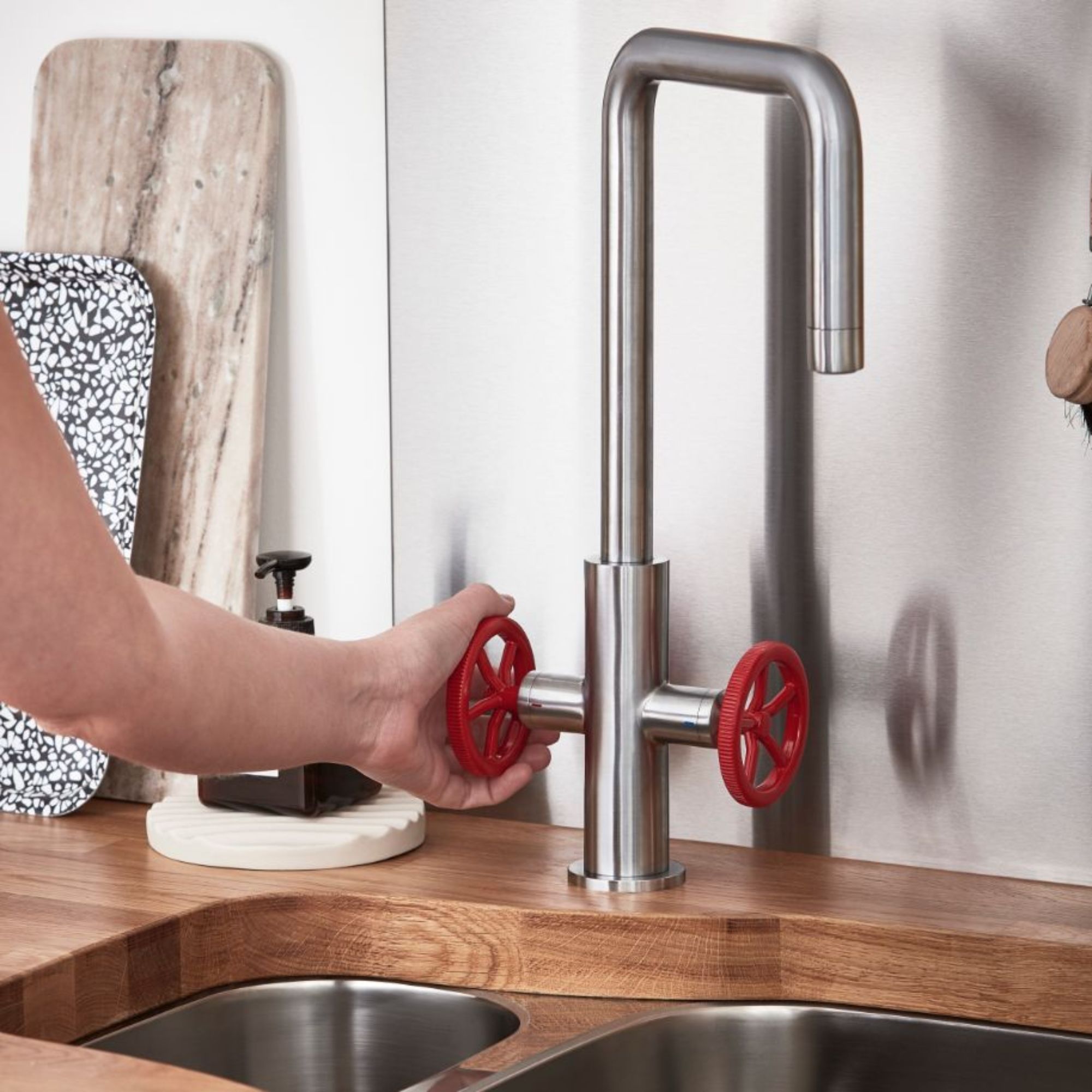 GoodHome Kamut Silver Stainless steel effect Kitchen Twin lever Tap