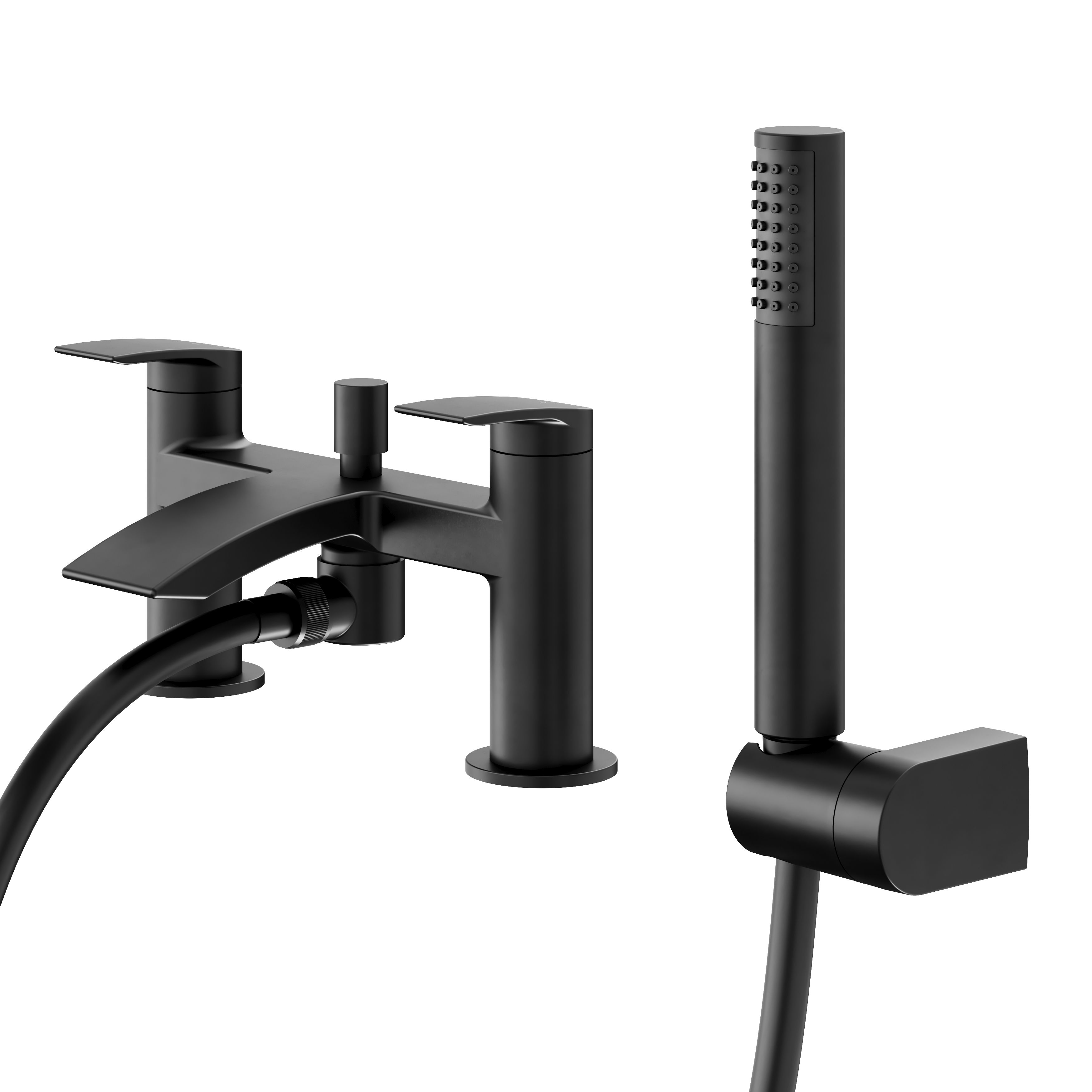 GoodHome Kariya Matt Black Ceramic Deck-mounted Double Bath shower mixer tap with shower kit