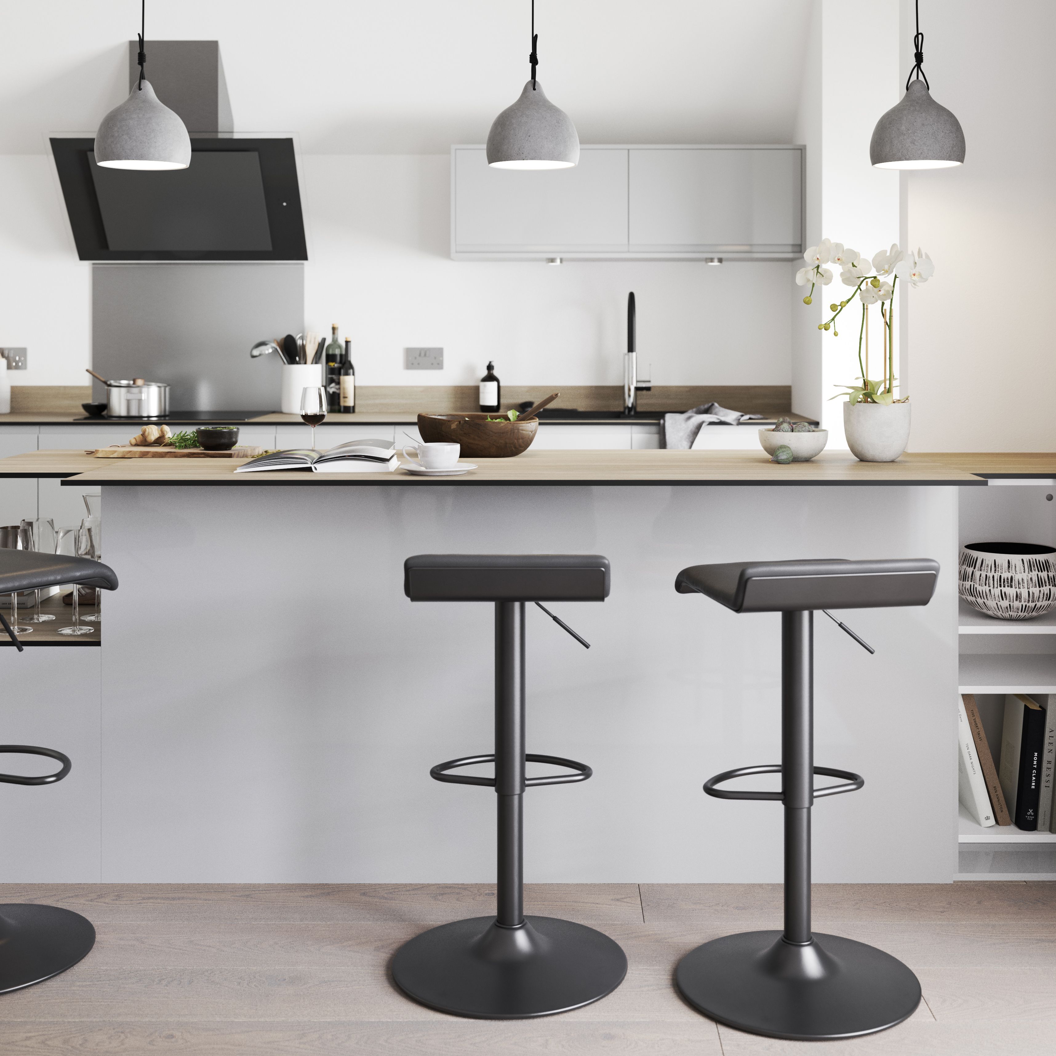 GoodHome Karonda Black Adjustable Swivel Padded Bar stool, Pack of 2