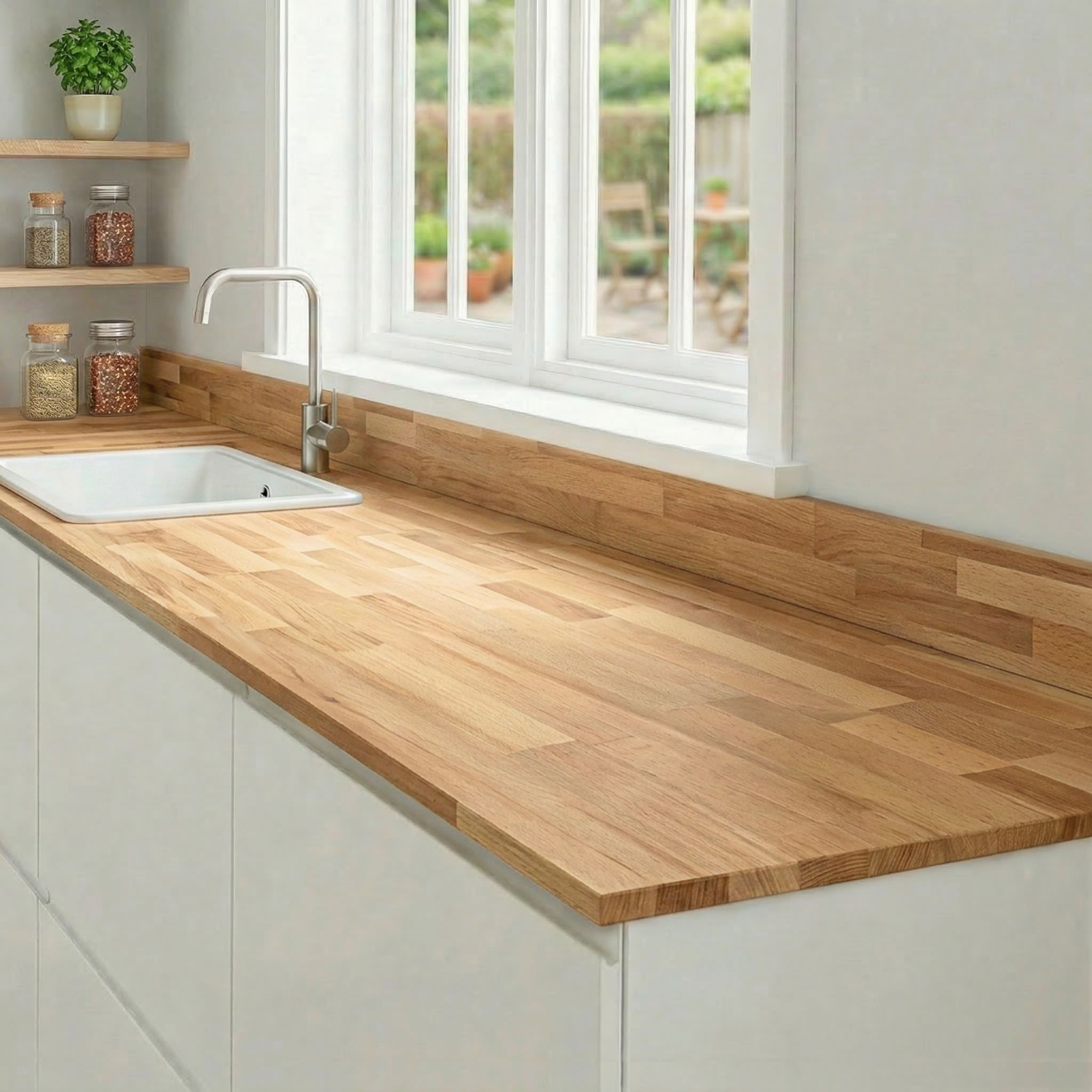 GoodHome Kava Natural Wood effect Solid beech Square edge Kitchen Worktop, (L)3000mm (W)620mm (T)27mm