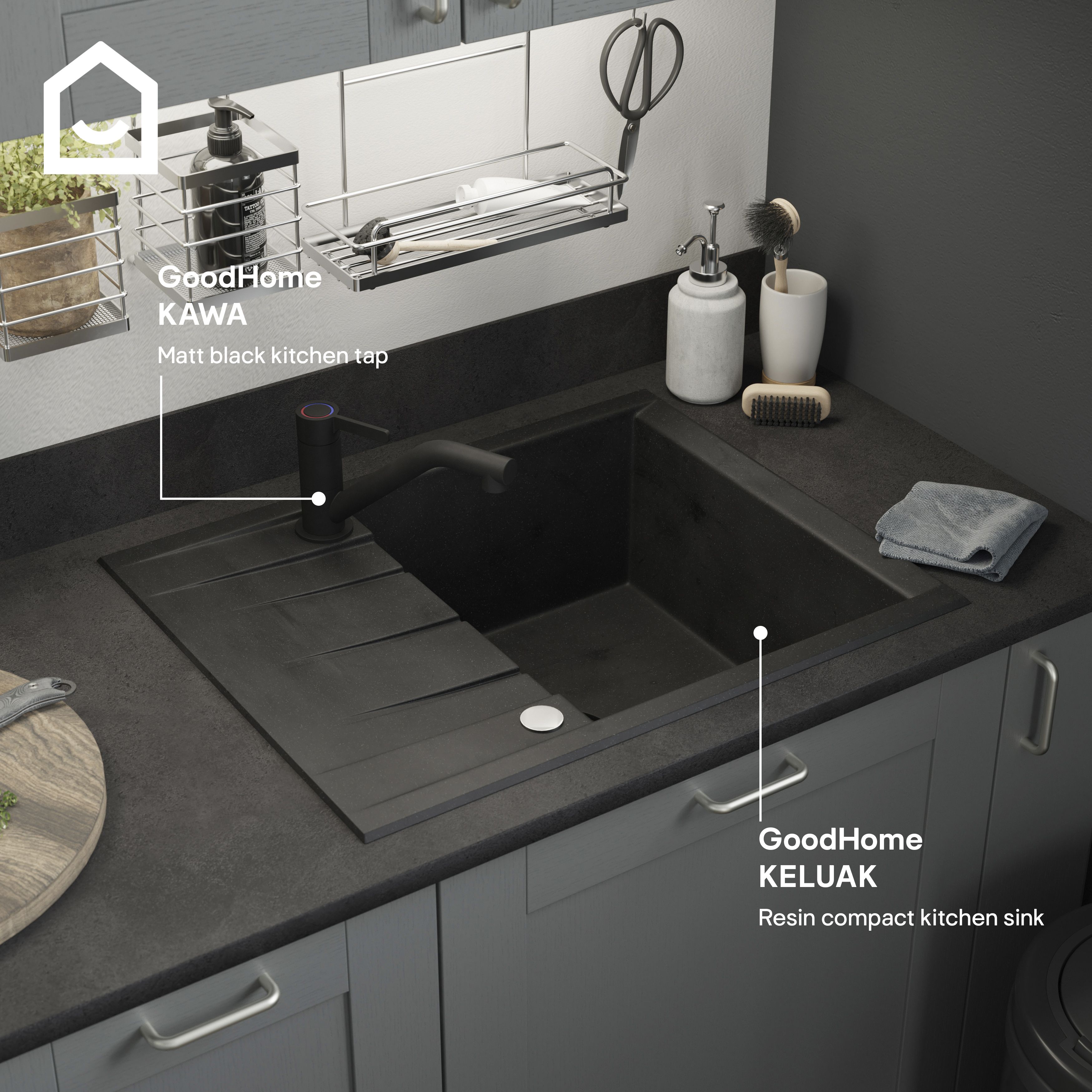 GoodHome Keluak Black Resin 1 Bowl Sink & drainer 500mm x 620mm