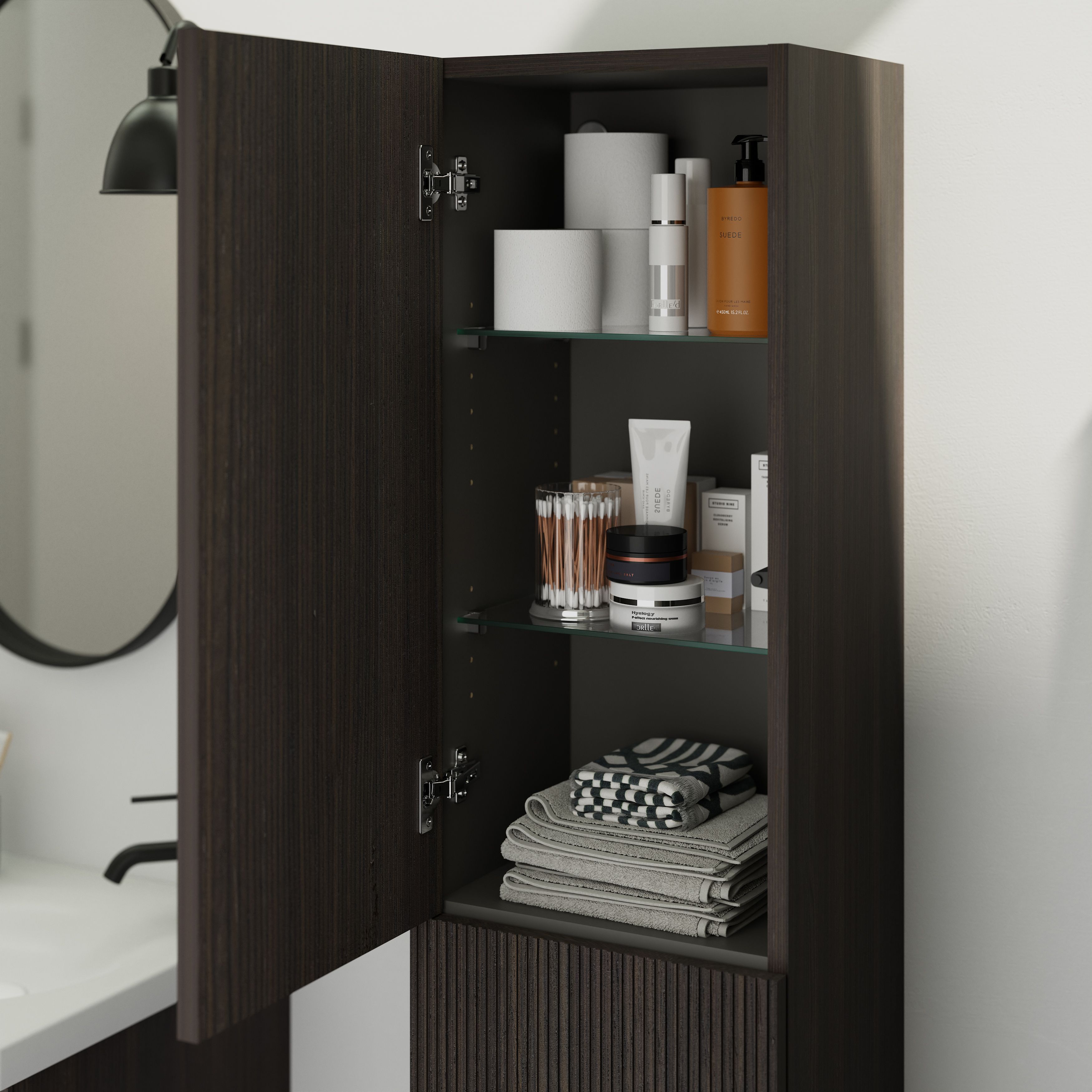GoodHome Kentia Ribbed effect Walnut Veneer Bathroom Double Column ...