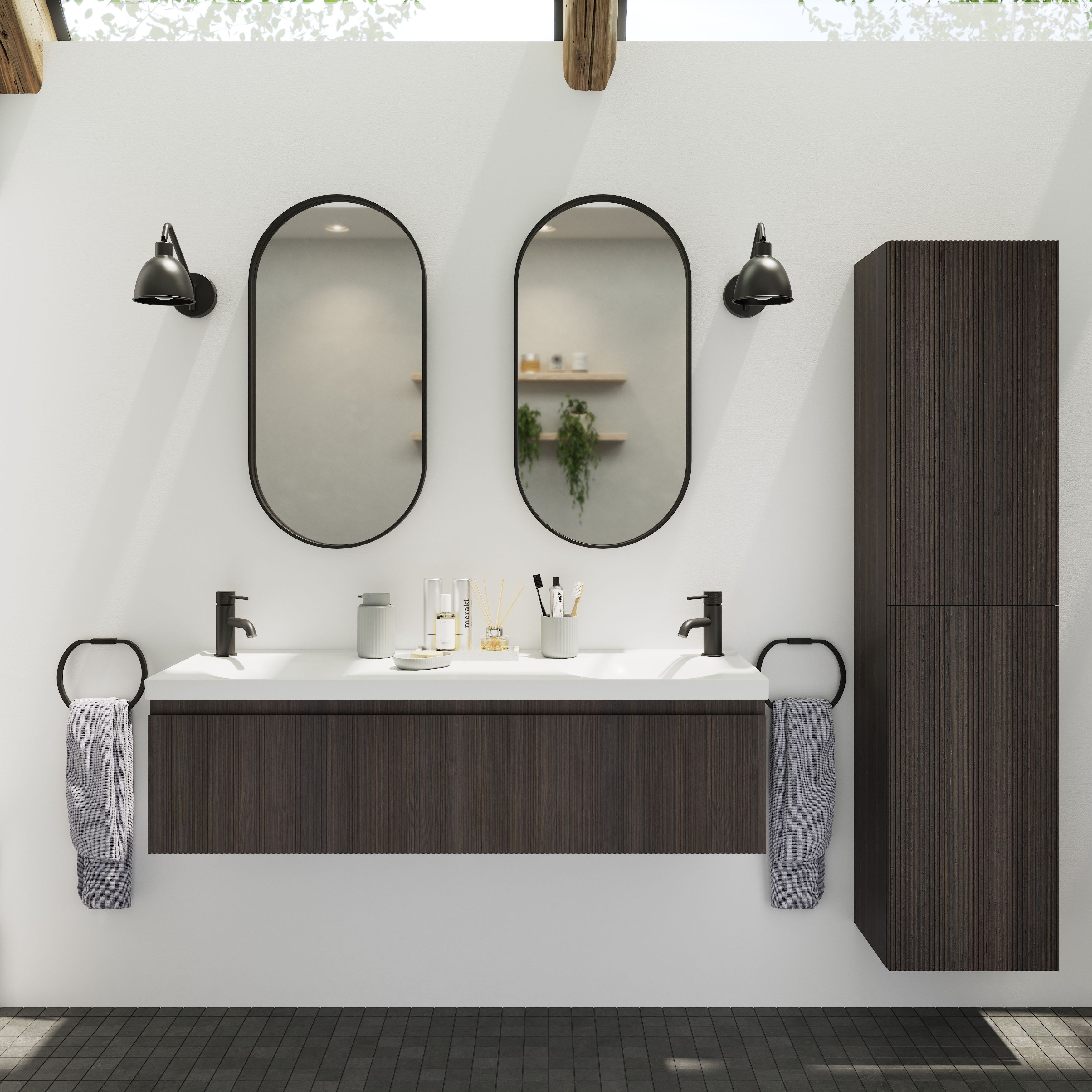 GoodHome Kentia Ribbed effect Walnut Veneer Wall-mounted Bathroom Cabinet (H) 300mm (W) 1200mm