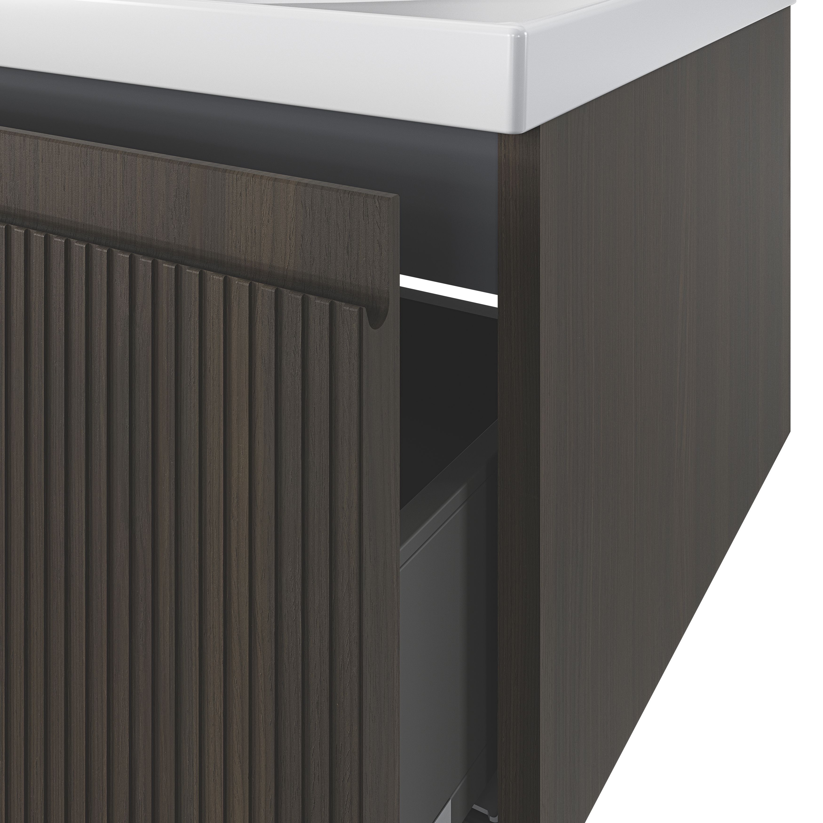 GoodHome Kentia Ribbed effect Walnut Veneer Wall-mounted Bathroom Cabinet (H) 300mm (W) 1200mm