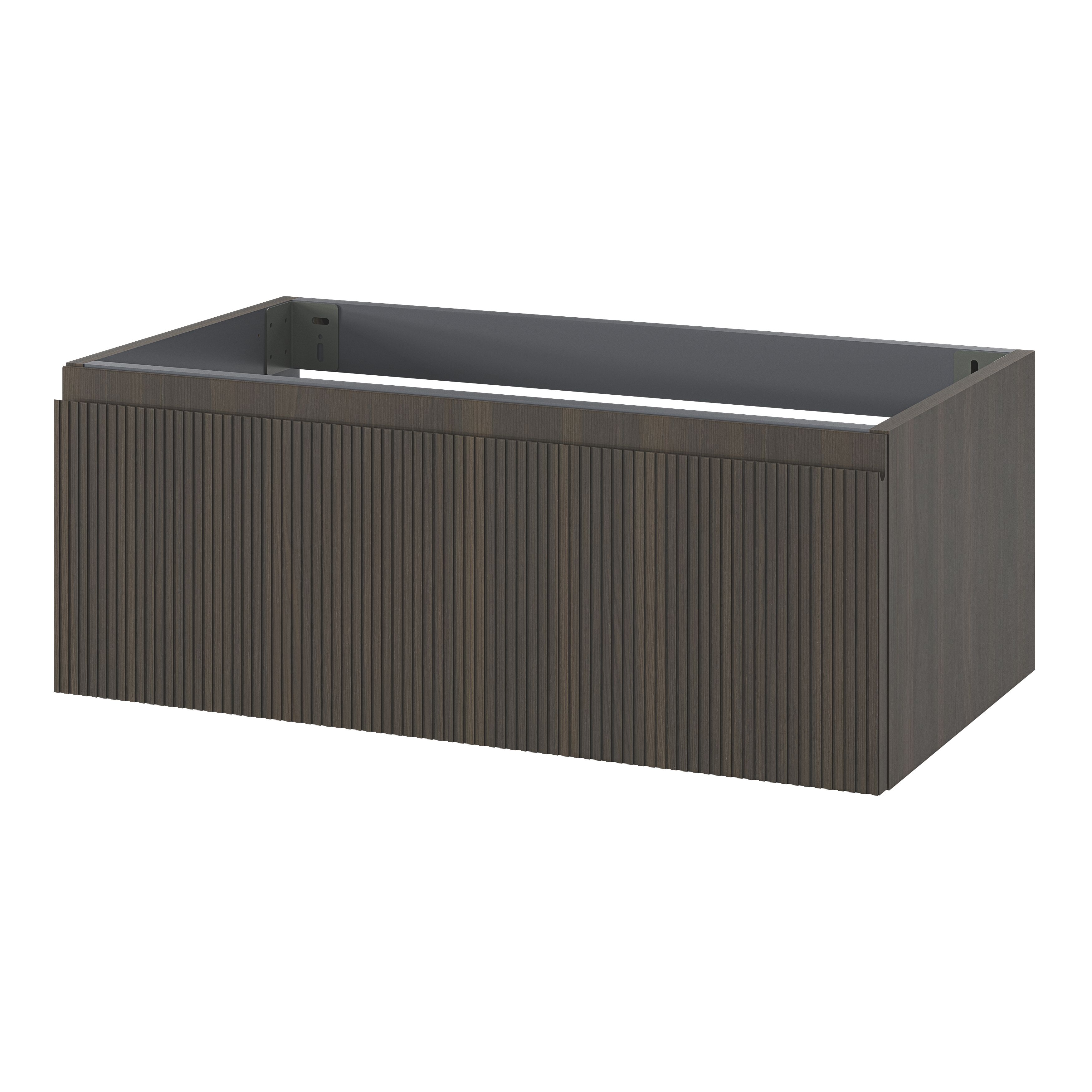 GoodHome Kentia Ribbed effect Walnut Veneer Wall-mounted Bathroom Cabinet (H) 300mm (W) 800mm