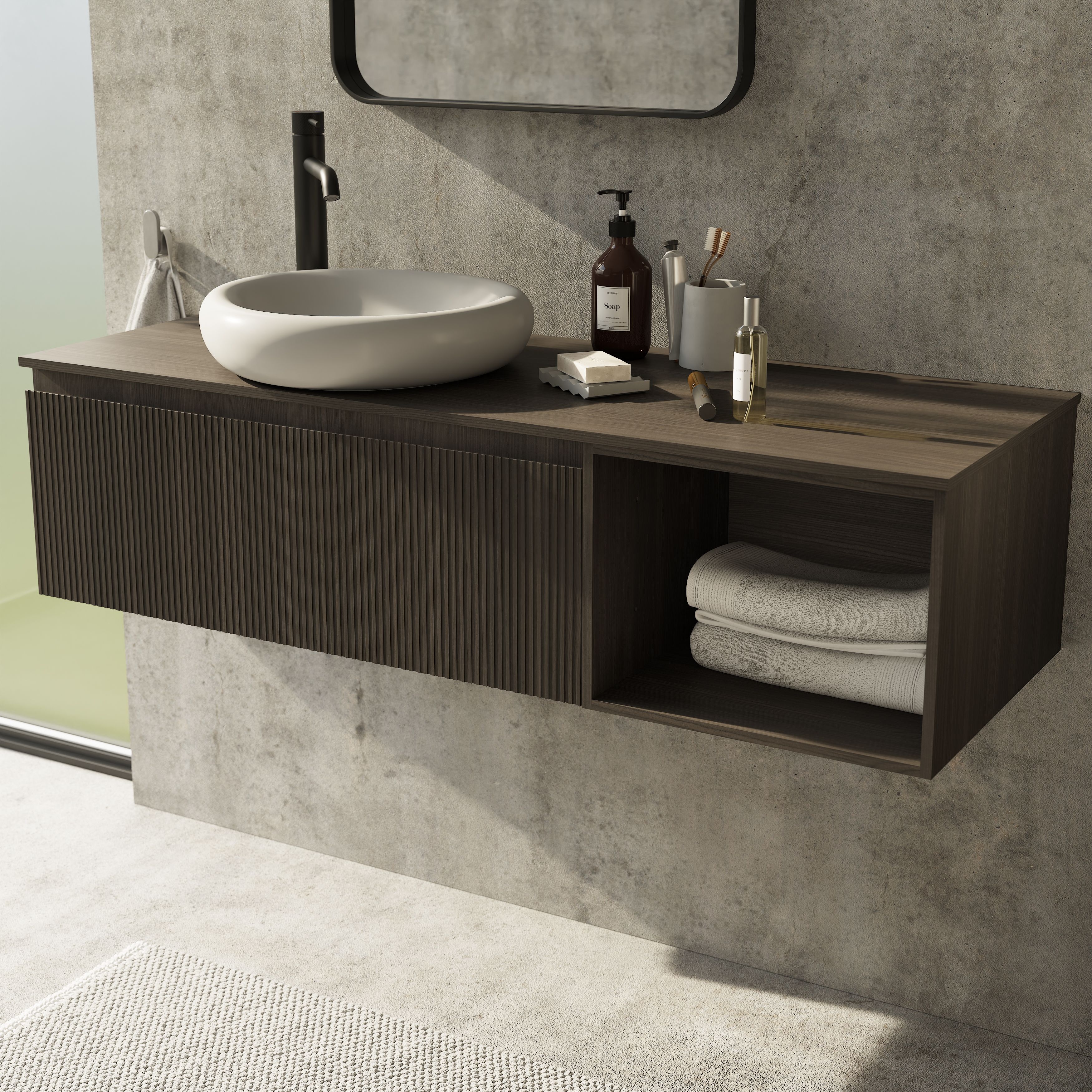GoodHome Kentia Ribbed effect Walnut Veneer Wall-mounted Bathroom ...