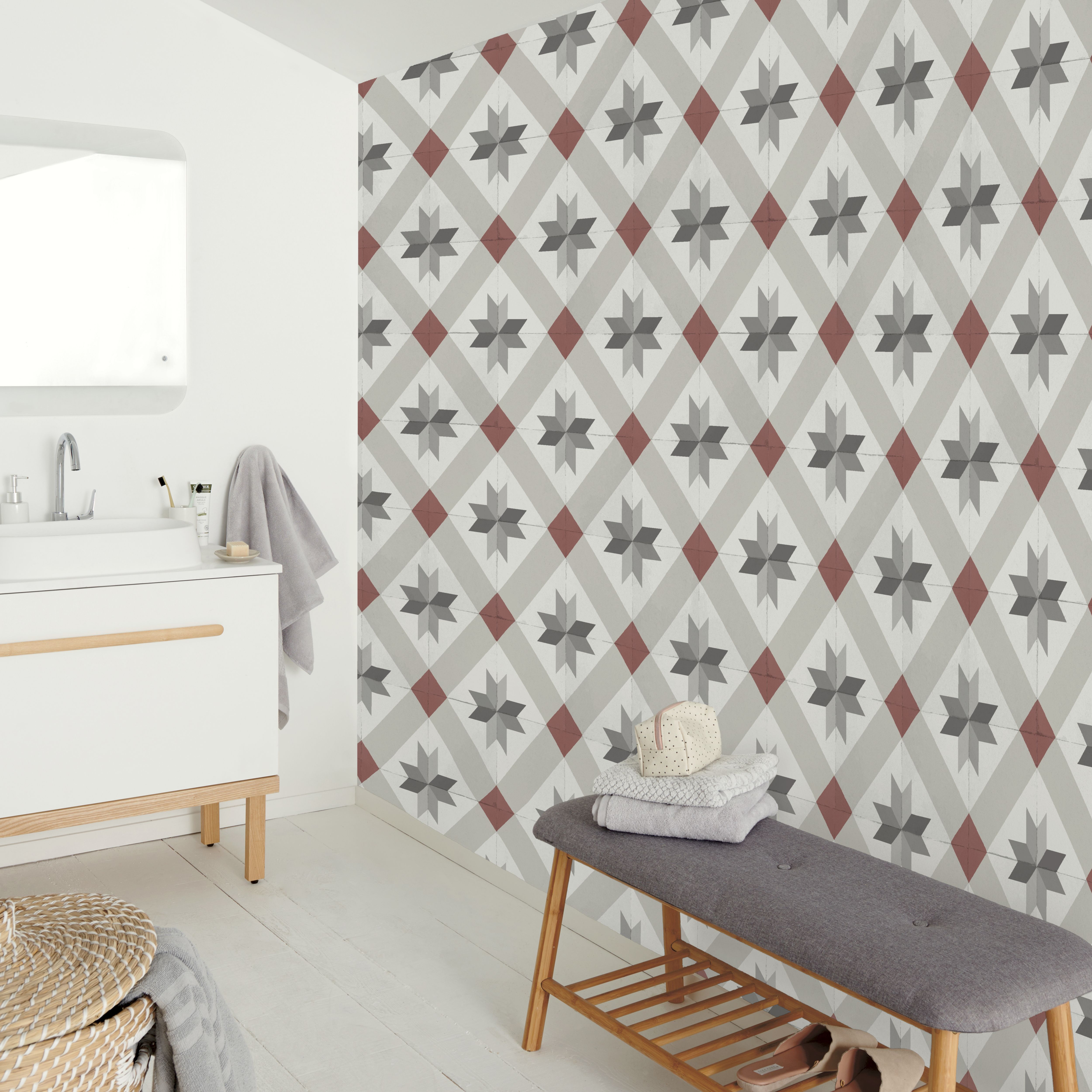 GoodHome Kerlic Light beige & red Tile effect Art deco Textured Wallpaper