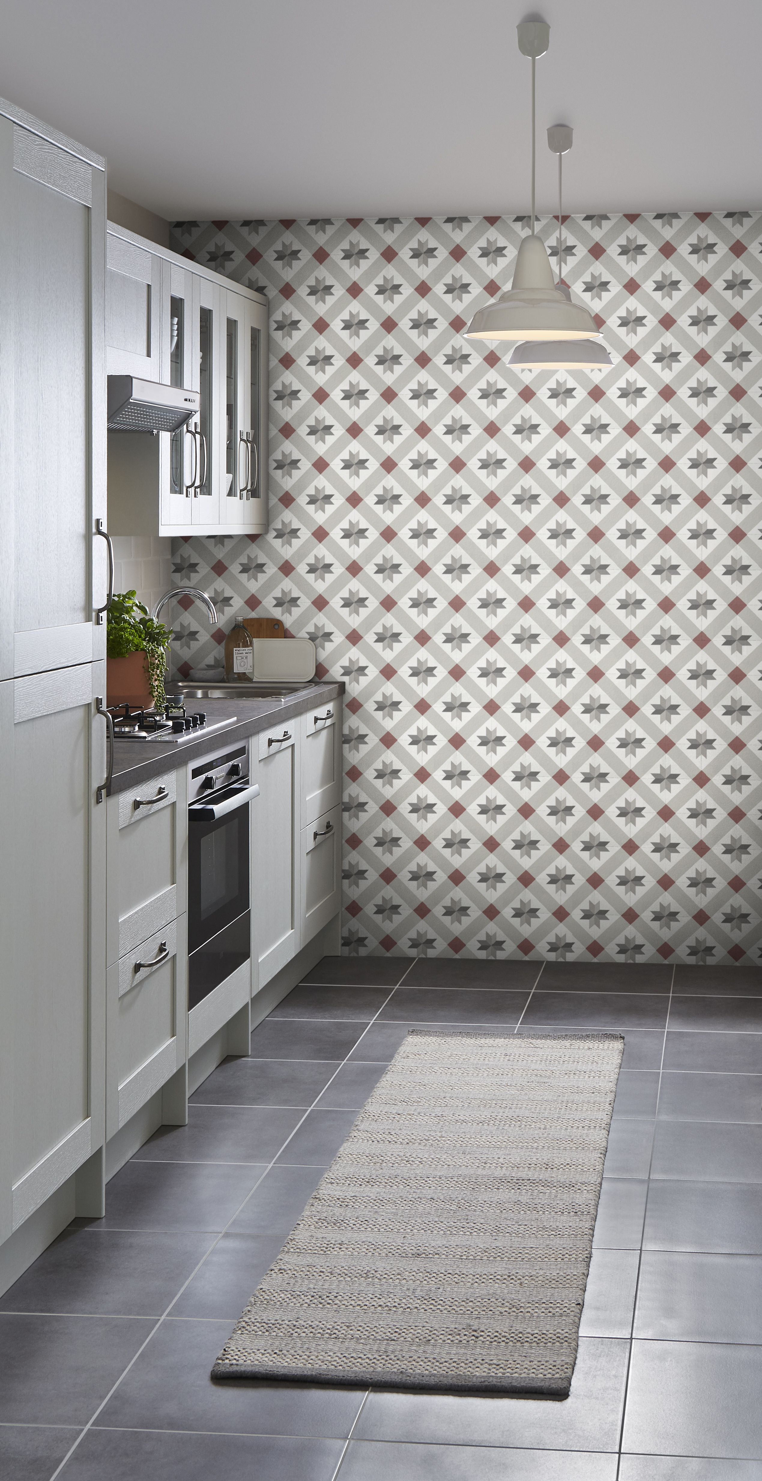 GoodHome Kerlic Light beige & red Tile effect Art deco Textured Wallpaper