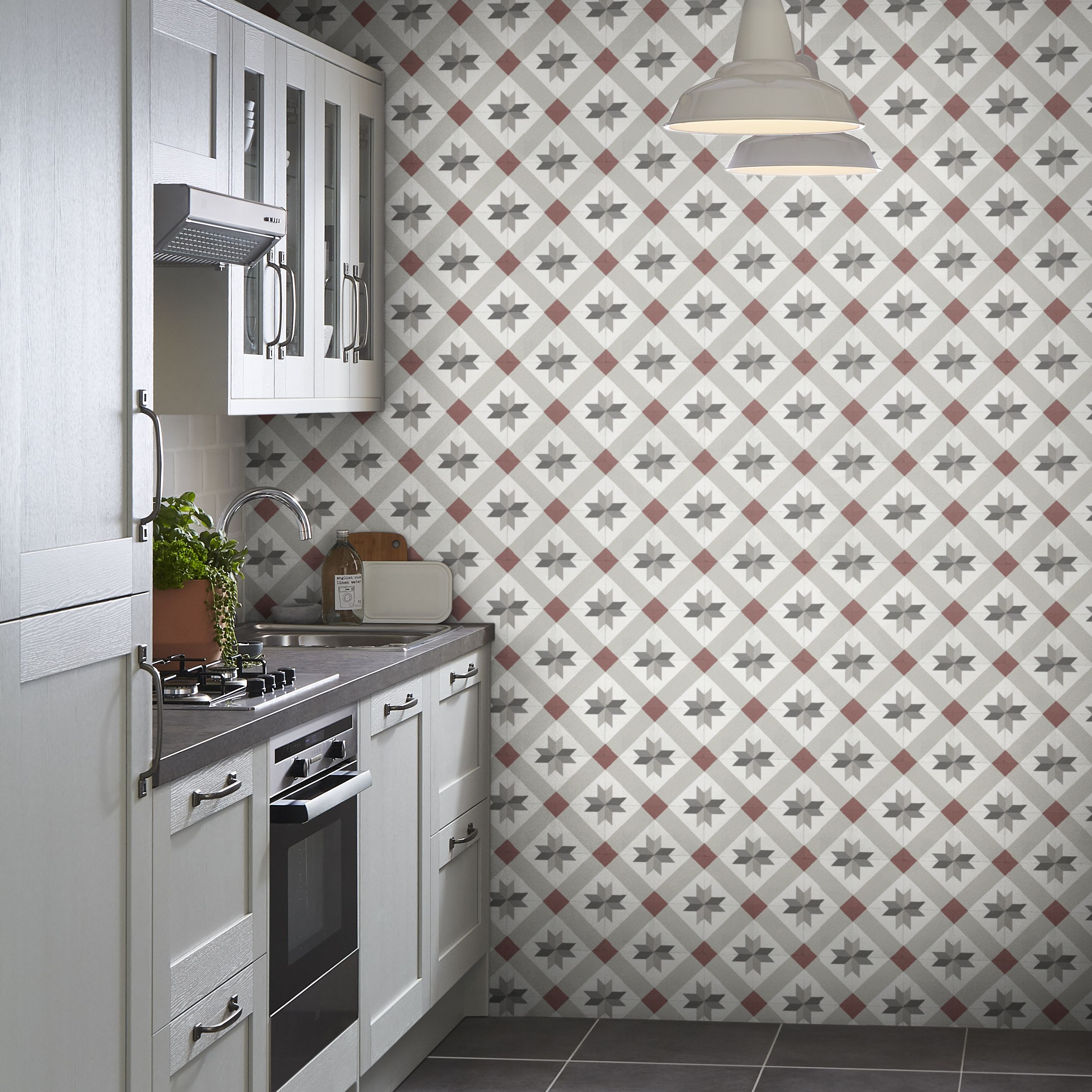 GoodHome Kerlic Light beige & red Tile effect Art deco Textured Wallpaper