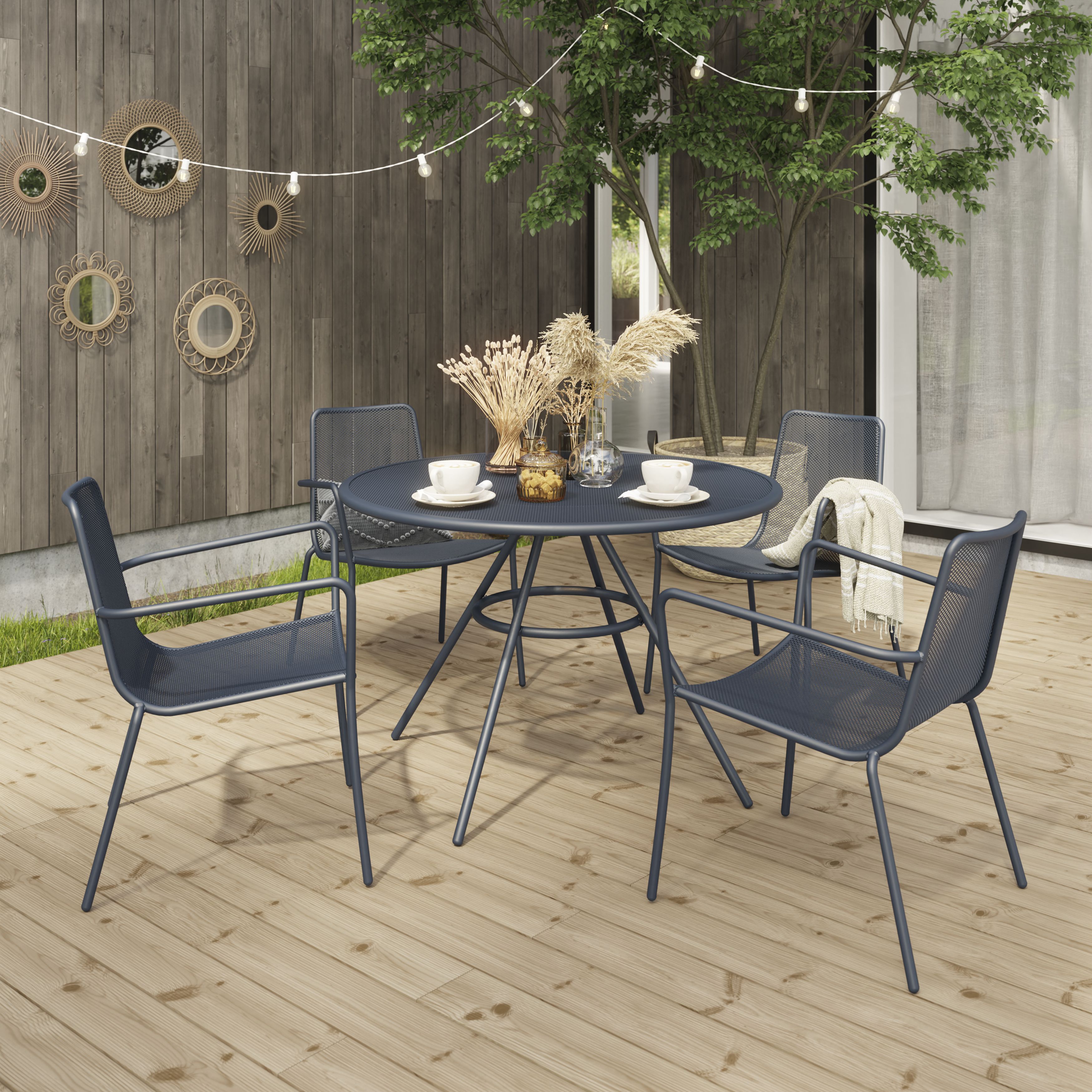 GoodHome Kilifi Midnight navy Metal 4 seater Chair & table set