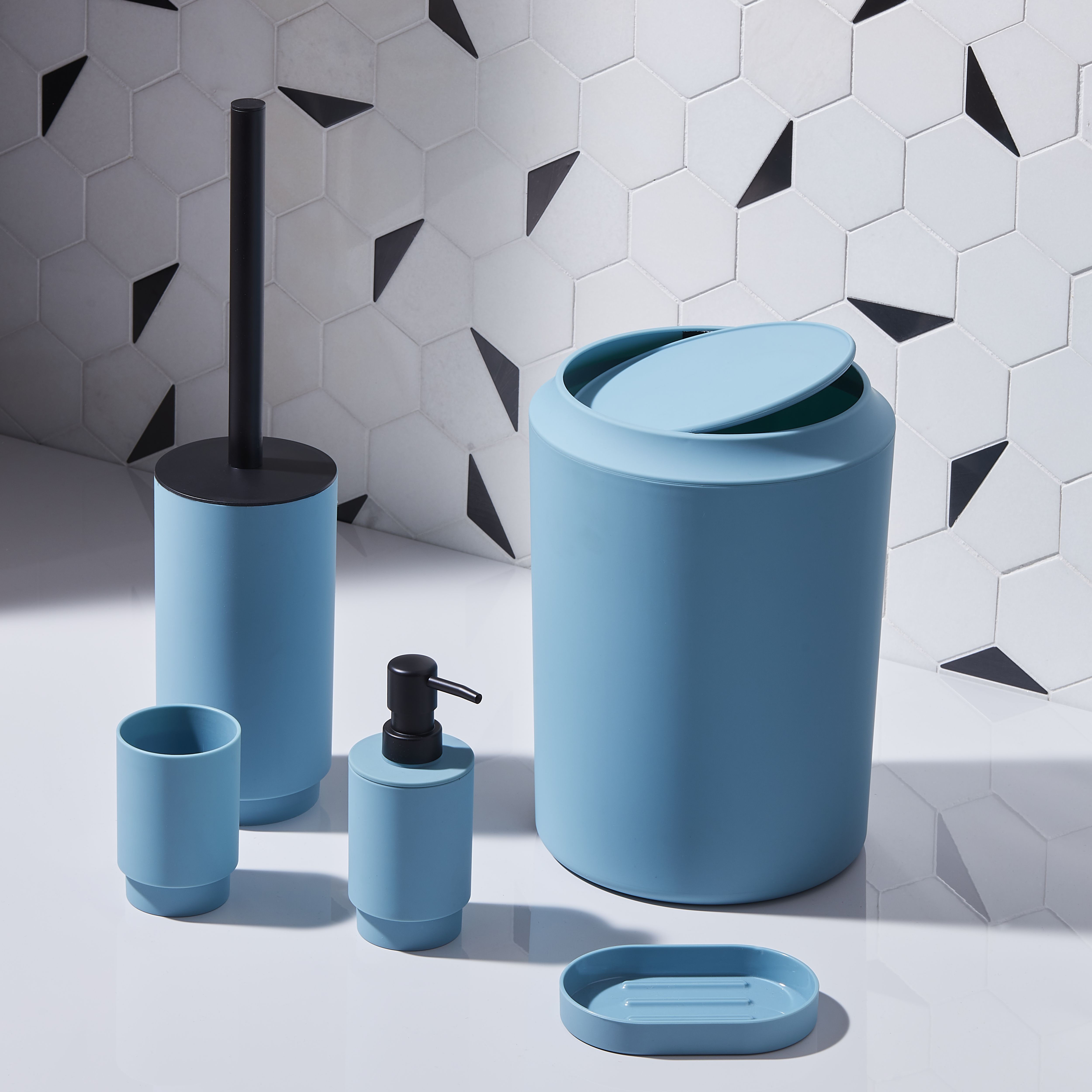 GoodHome Kina Water blue Polystyrene (PS) Round Bathroom Swing top lid Bin, 5L