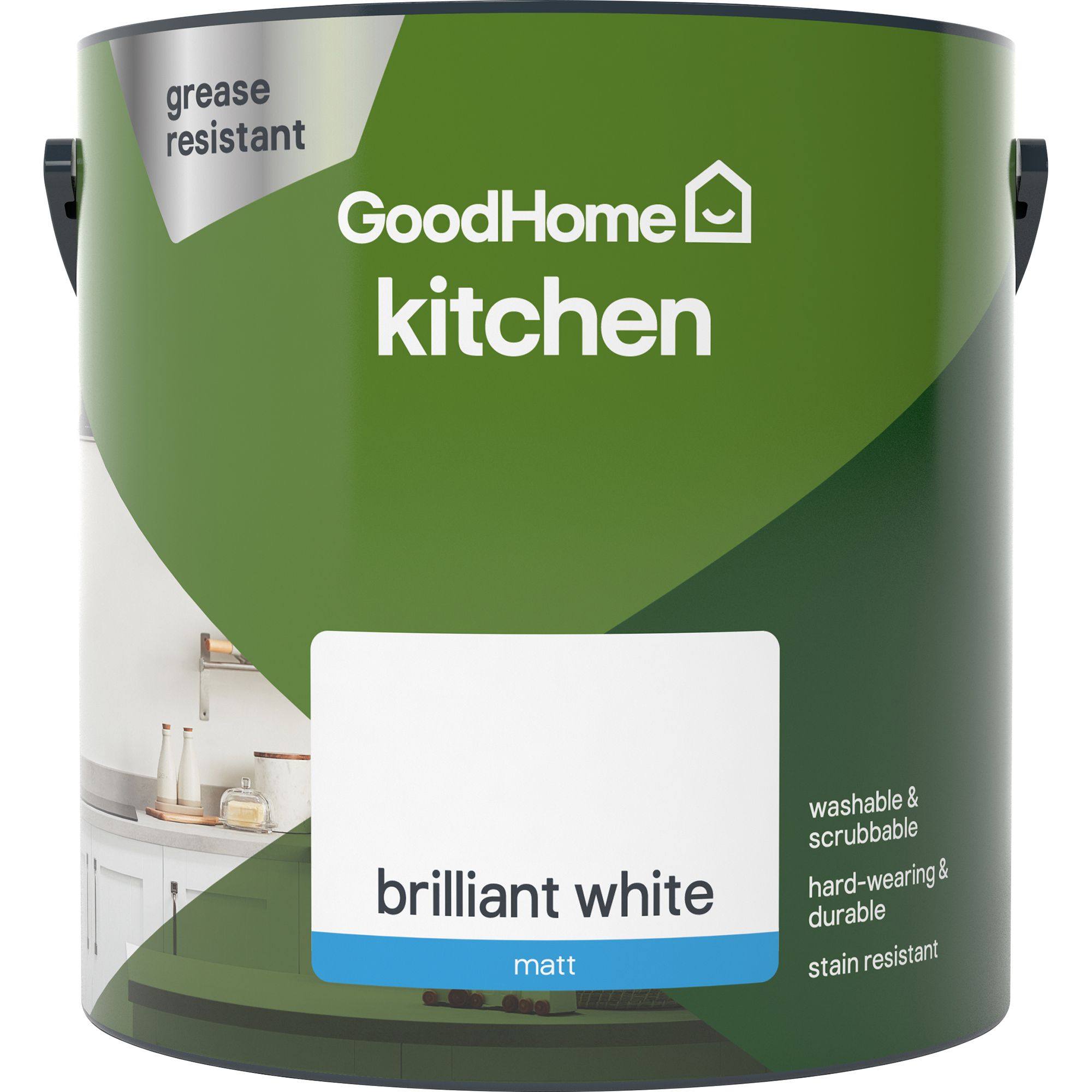 GoodHome Kitchen Brilliant white Matt Emulsion paint, 2.5L DIY at B&Q