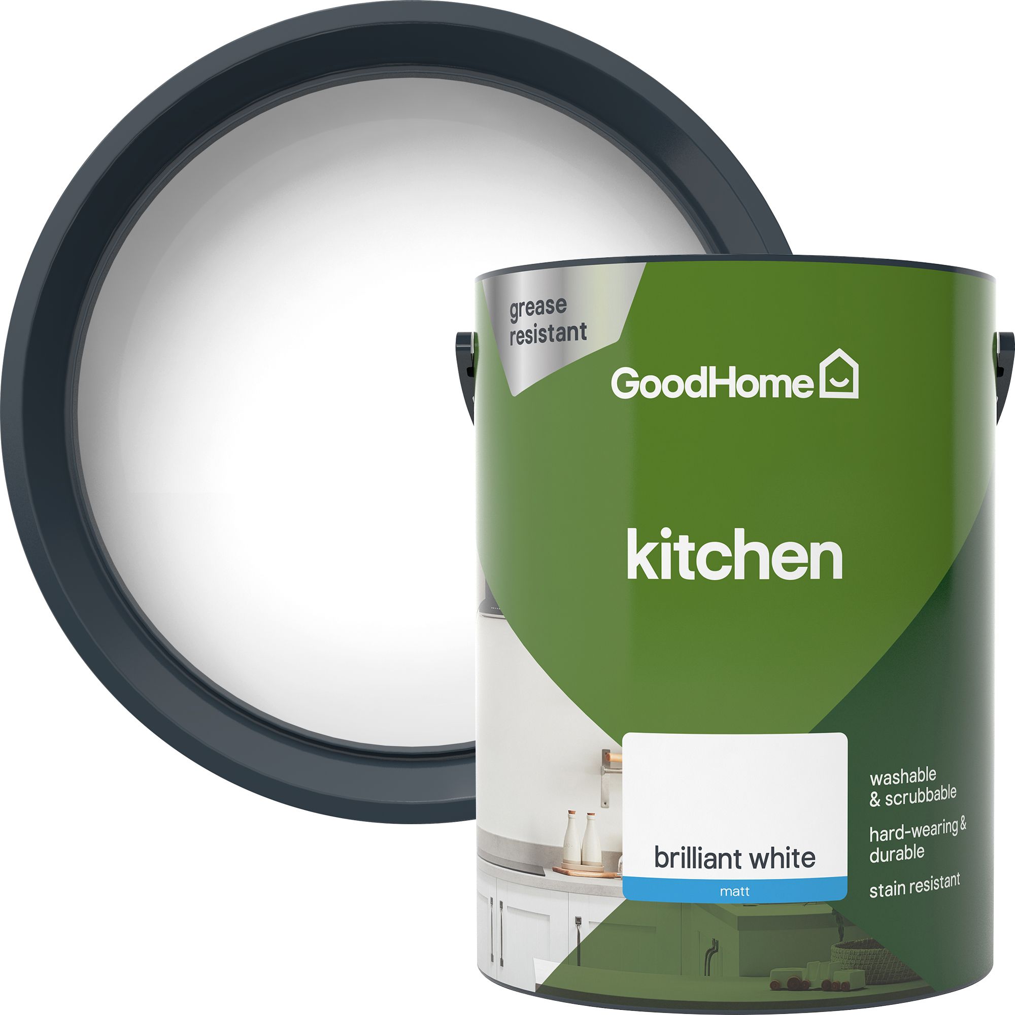 GoodHome Kitchen Brilliant white Matt Emulsion paint, 5L DIY at B&Q
