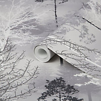 GoodHome Kitley Black & grey Trees Metallic effect Smooth Wallpaper