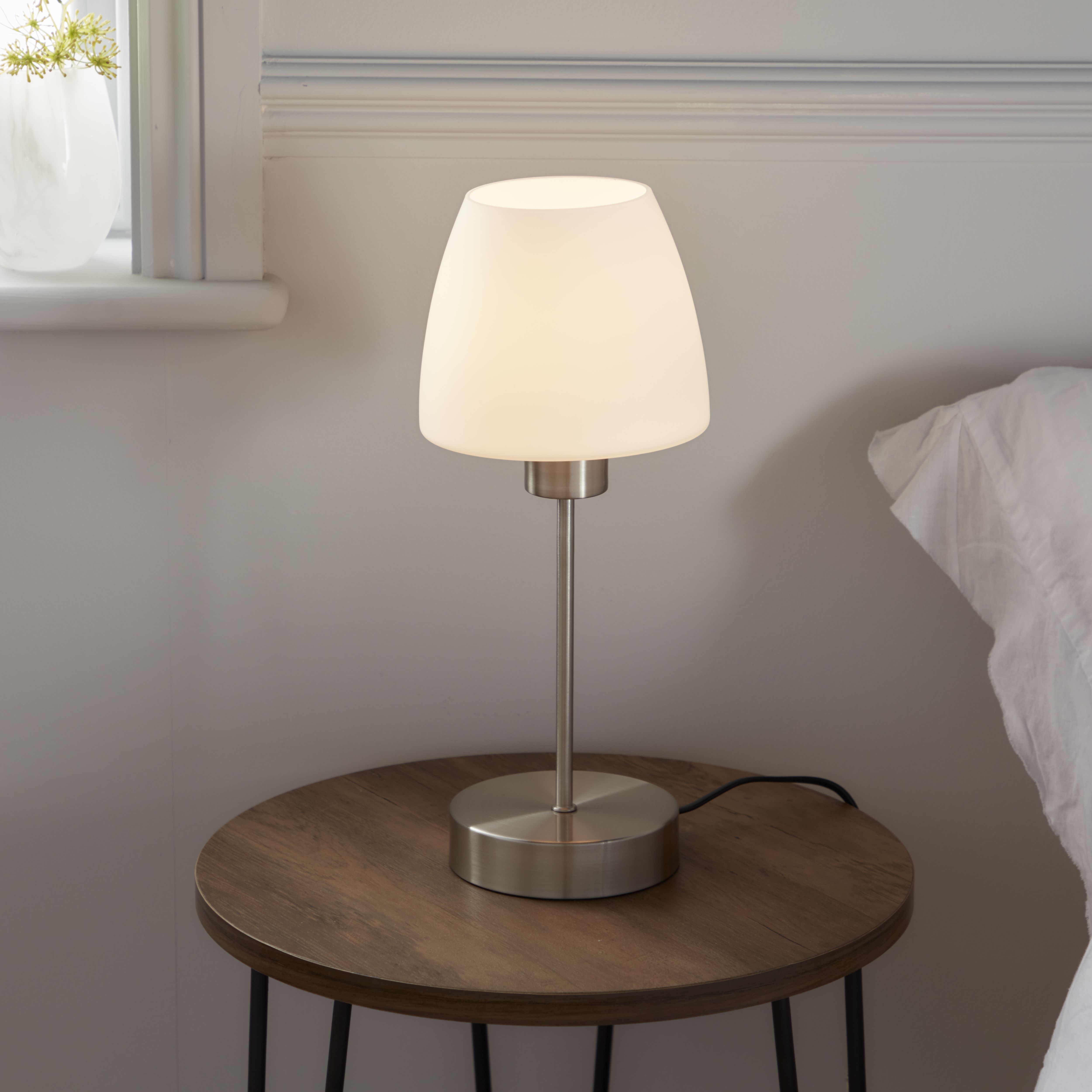 GoodHome Kluan Conical Brushed Satin White Nickel effect Table light