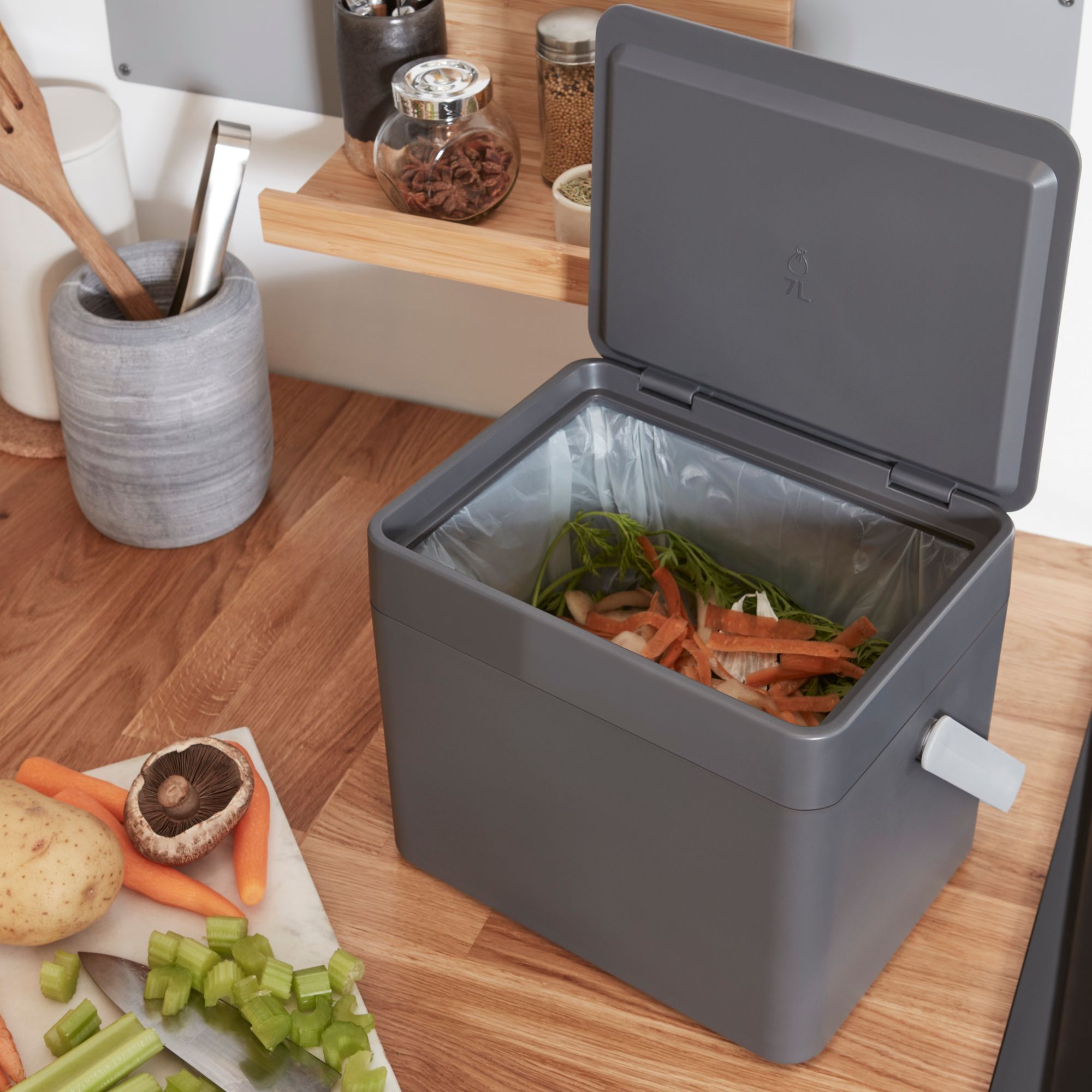 GoodHome Kora Manual Anthracite Metal Worktop Bin - 7L