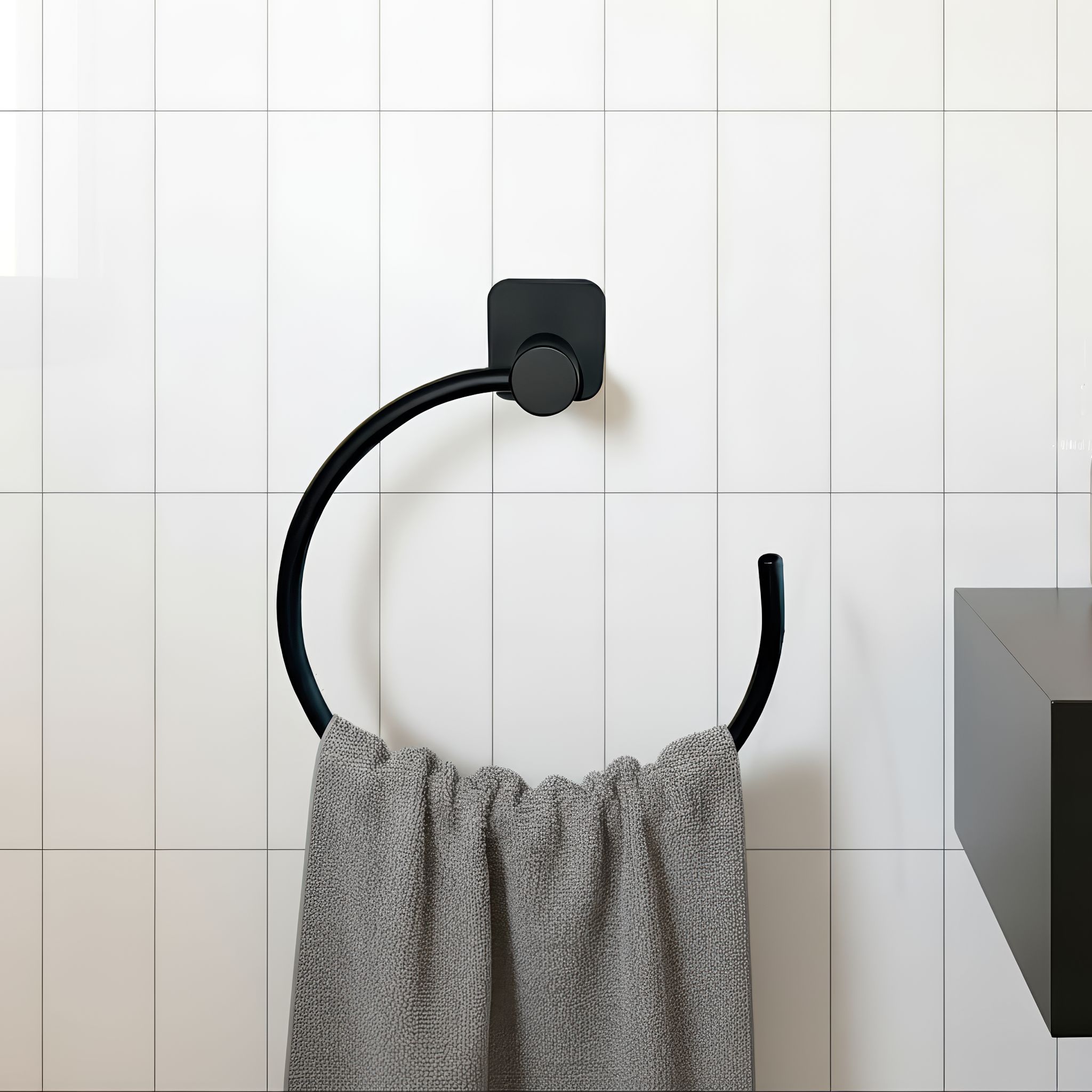 GoodHome Koros Matt Black Steel Wall-mounted Towel ring