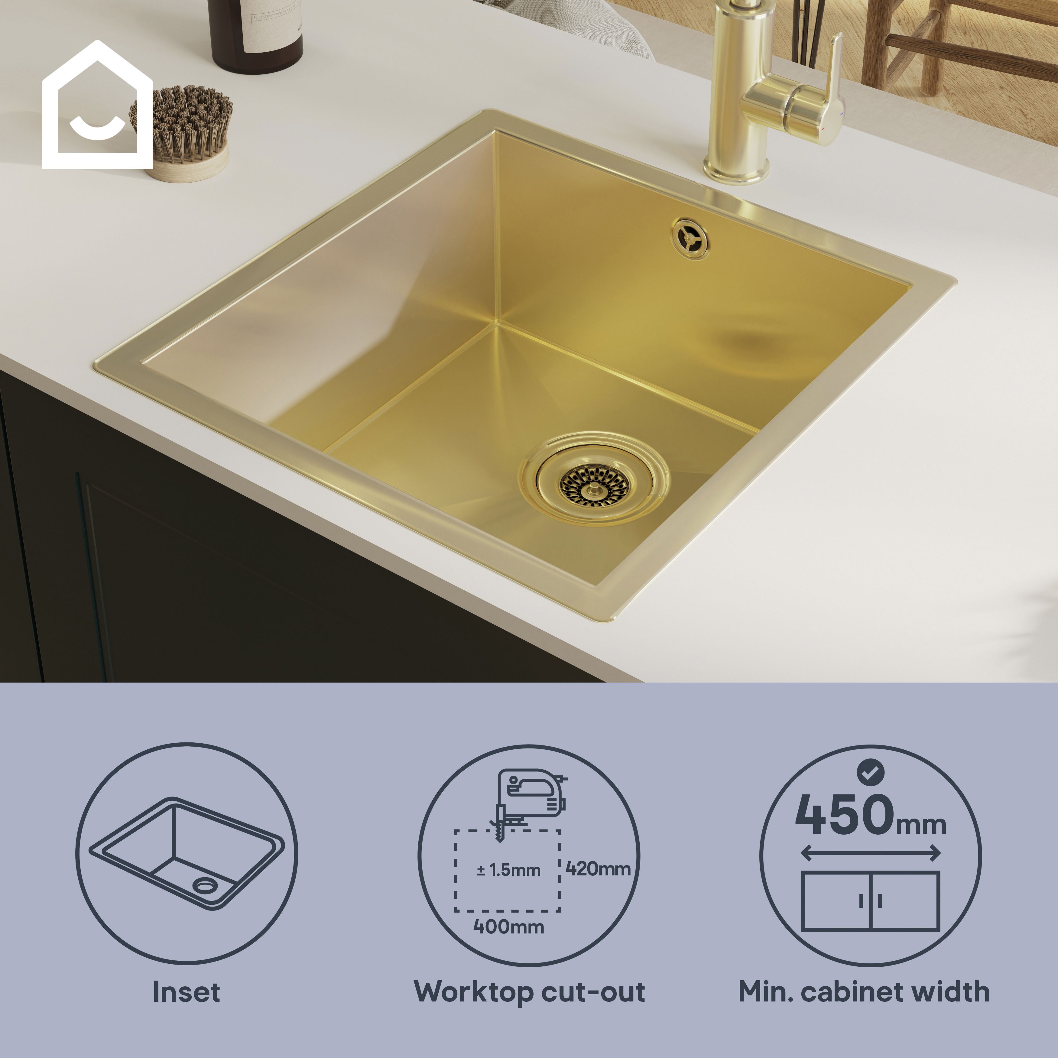 GoodHome Koseret Brushed Brass Stainless steel 1 Bowl Kitchen sink 430mm x 450mm