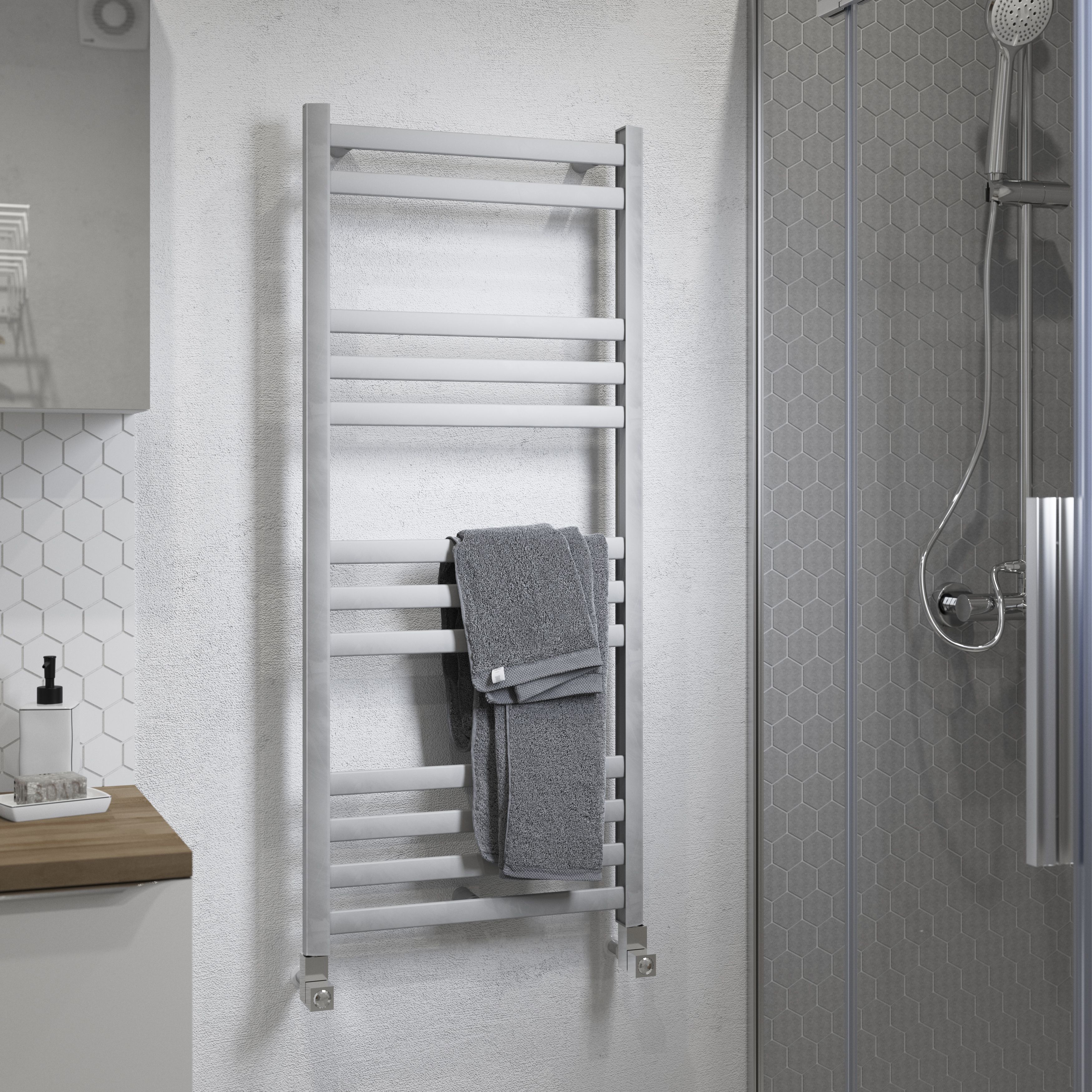GoodHome Lansing Grey 1437BTU Vertical Towel radiator (W)475mm x (H)1100mm