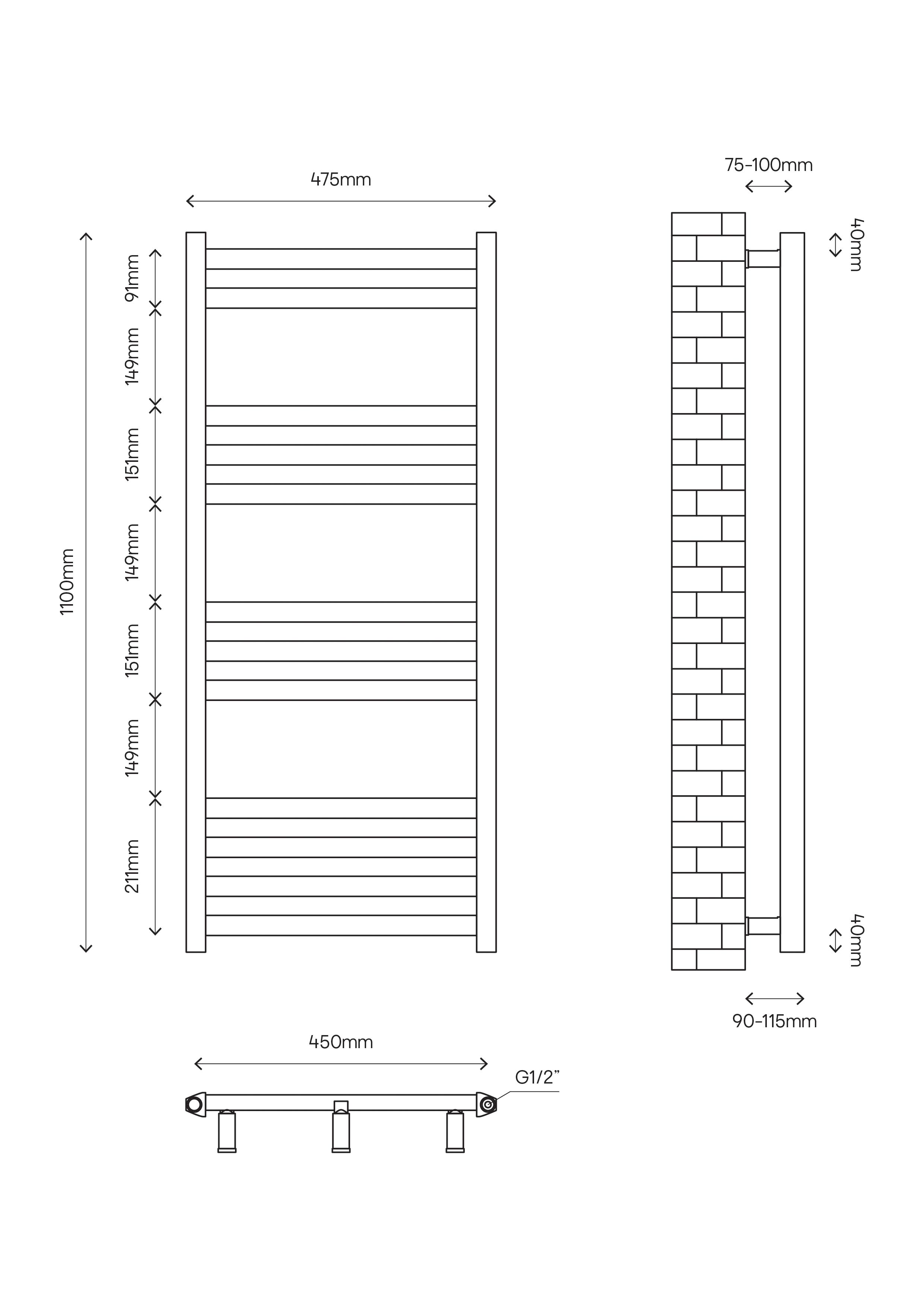 GoodHome Lansing White 1437BTU Vertical Towel radiator (W)475mm x (H)1100mm