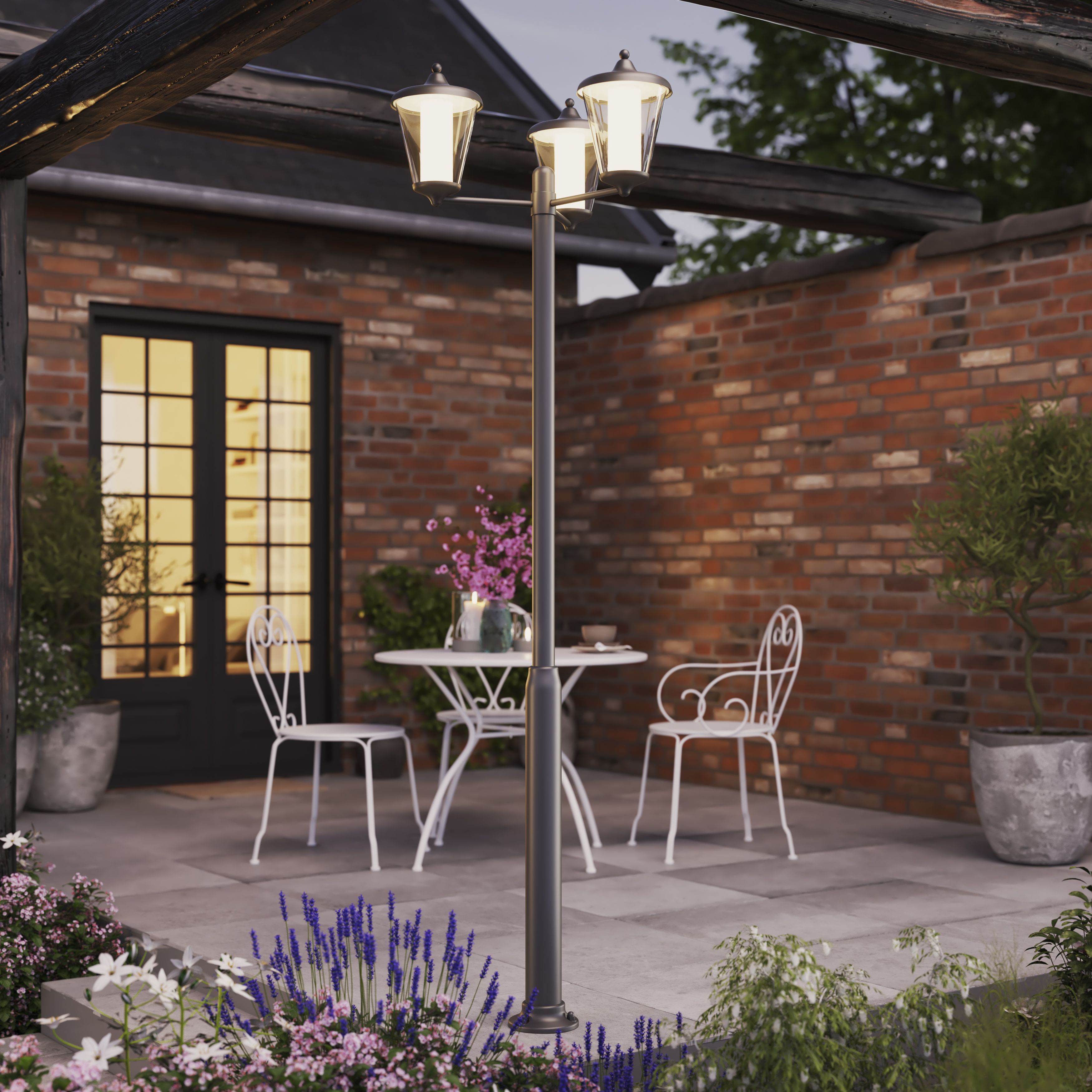 GoodHome Lantern Dark grey Mains-powered 3 lamp Integrated LED Outdoor Post light (H)2100mm