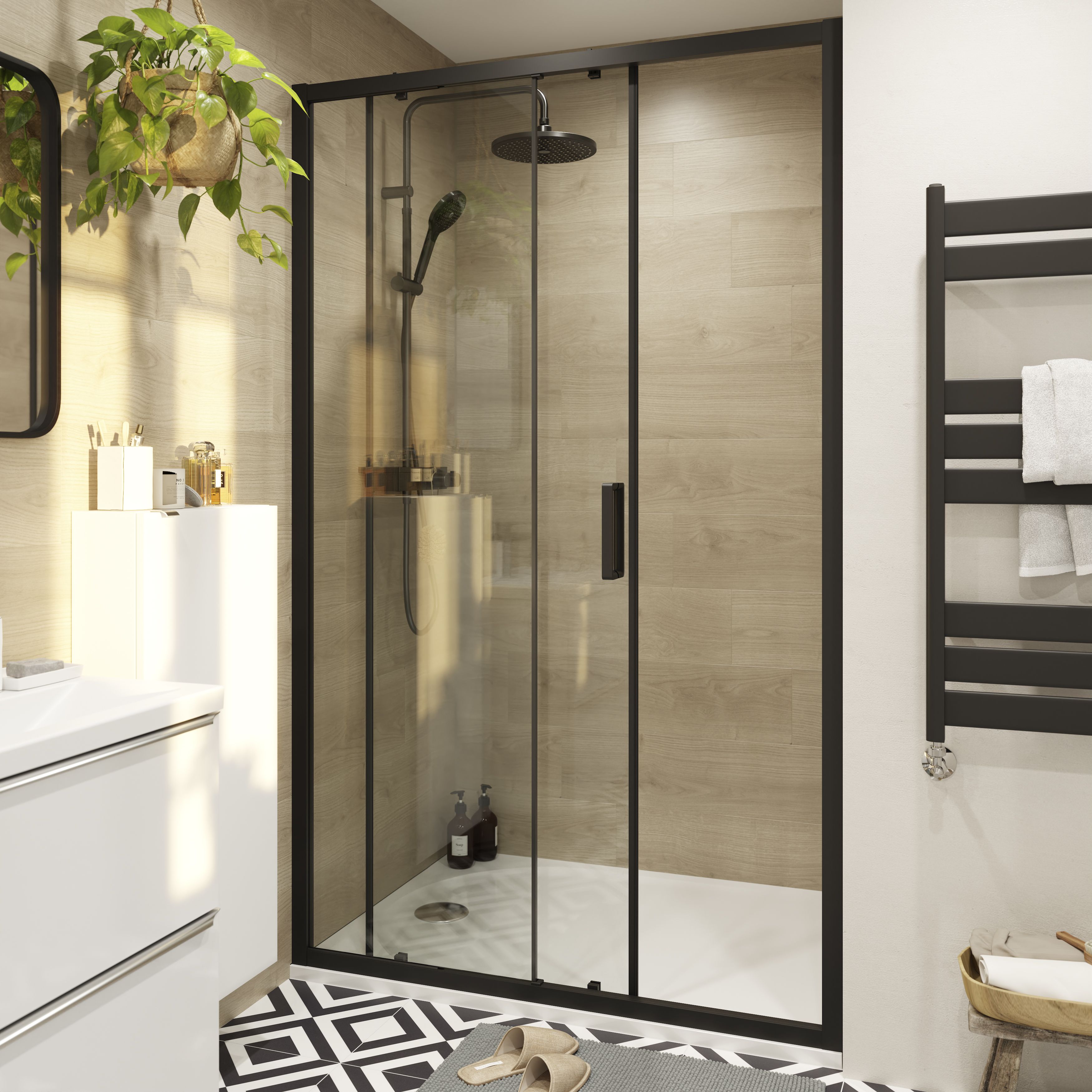 GoodHome Ledava Black Clear glass Sliding Shower door (H)195cm (W)120cm Price Comparisons | Compare The Build