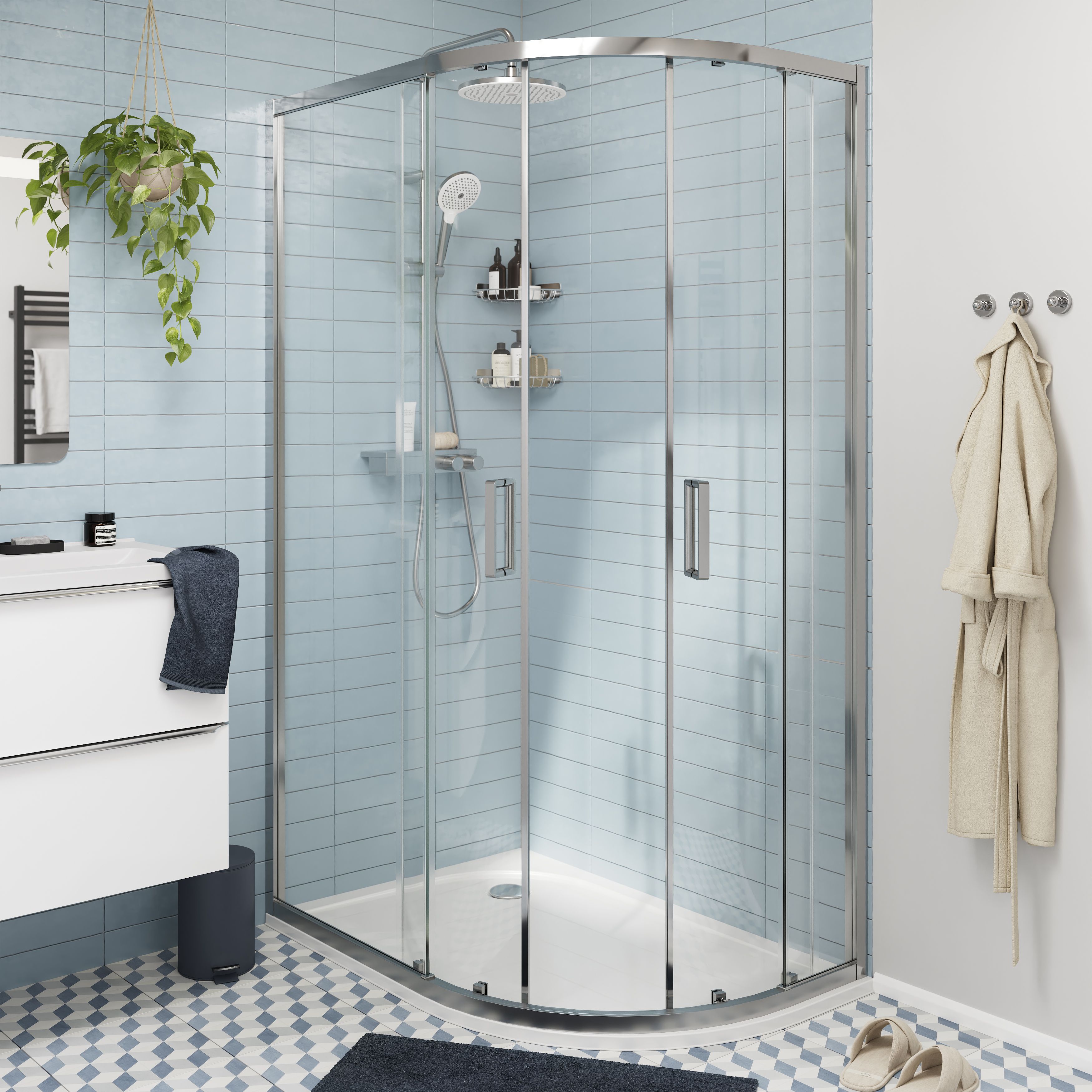 GoodHome Ledava Chrome effect Clear Left-handed Offset quadrant Shower Enclosure & tray - Corner entry double sliding door (H)195cm (W)90cm (D)100cm