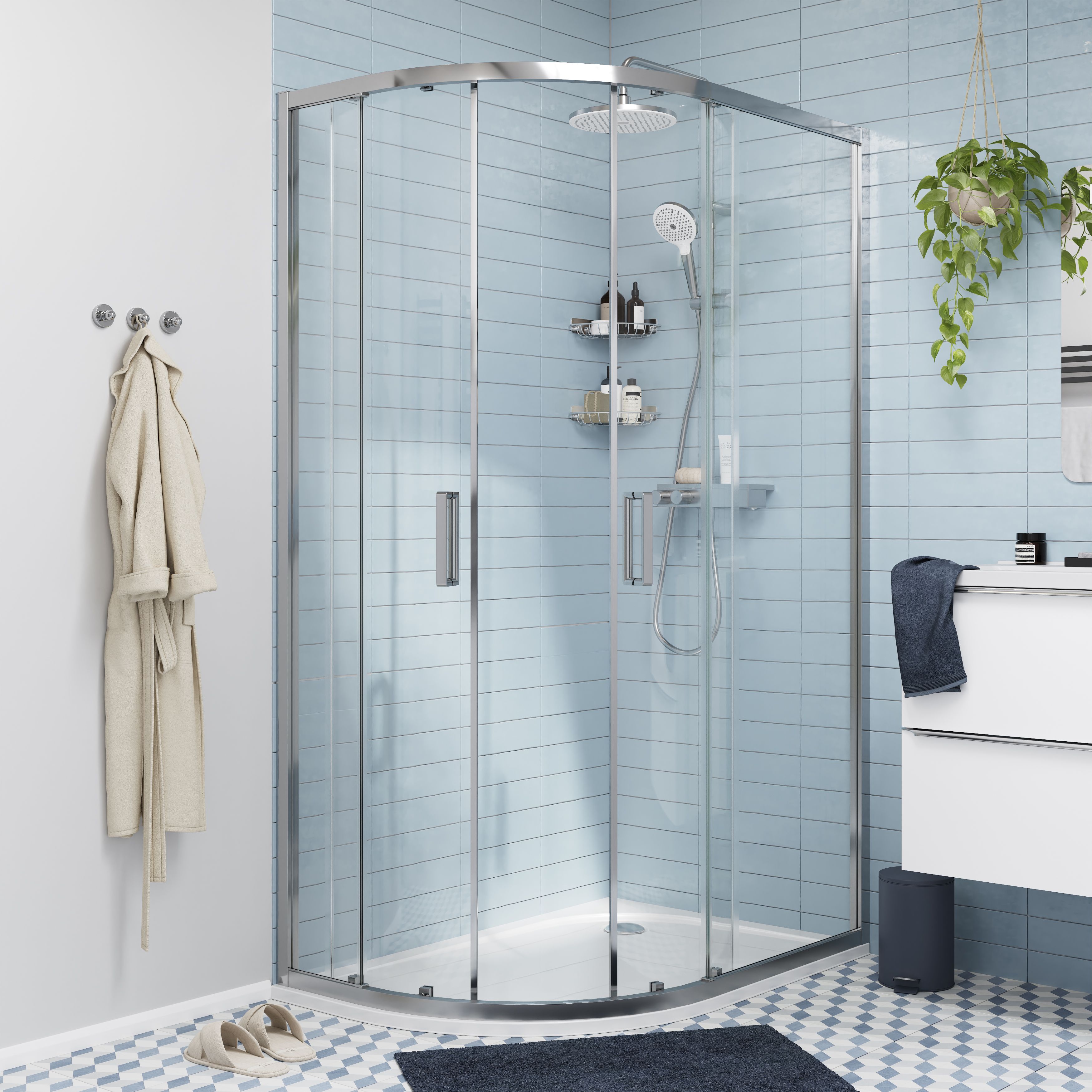 GoodHome Ledava Chrome effect Clear Right-handed Offset quadrant Shower Enclosure & tray - Corner entry double sliding door (H)195cm (W)90cm (D)100cm