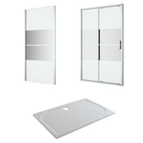 GoodHome Ledava Chrome effect Semi-mirrored Left or right Rectangular Shower Door, panel & tray kit - Sliding door (H)195cm (W)120cm (D)90cm