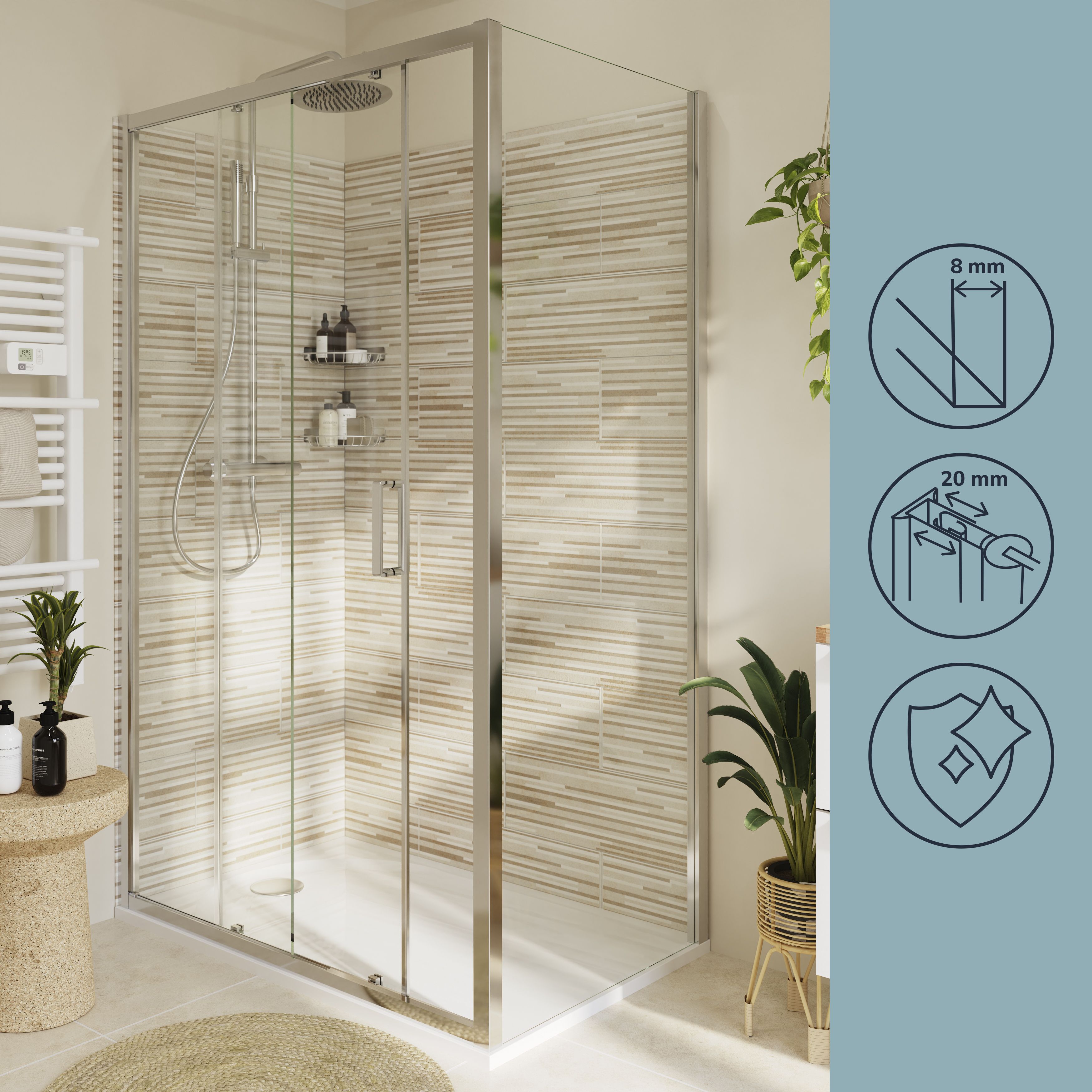 GoodHome Ledava Framed Chrome Clear Fixed Side End panel (H)195cm (W)76cm