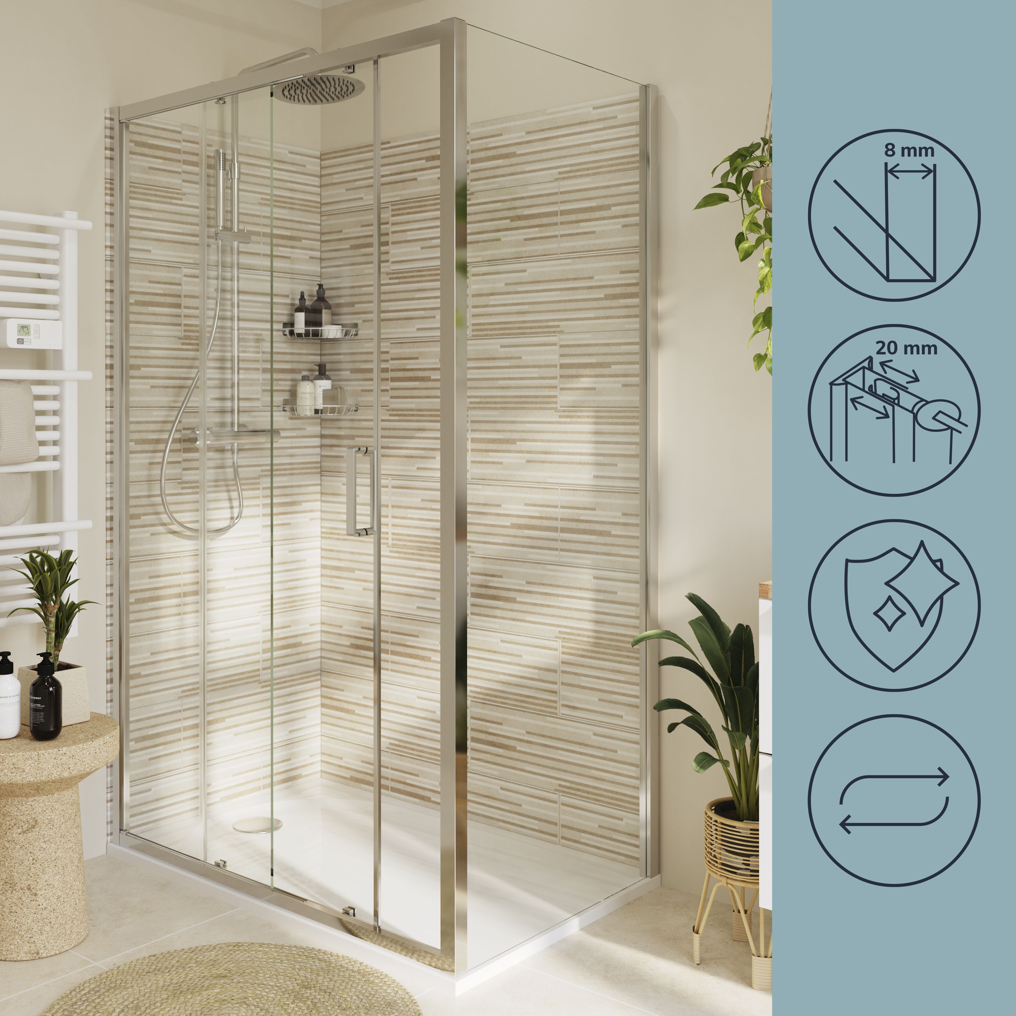 GoodHome Ledava Framed Clear Fixed Side End panel (H)195cm (W)70cm