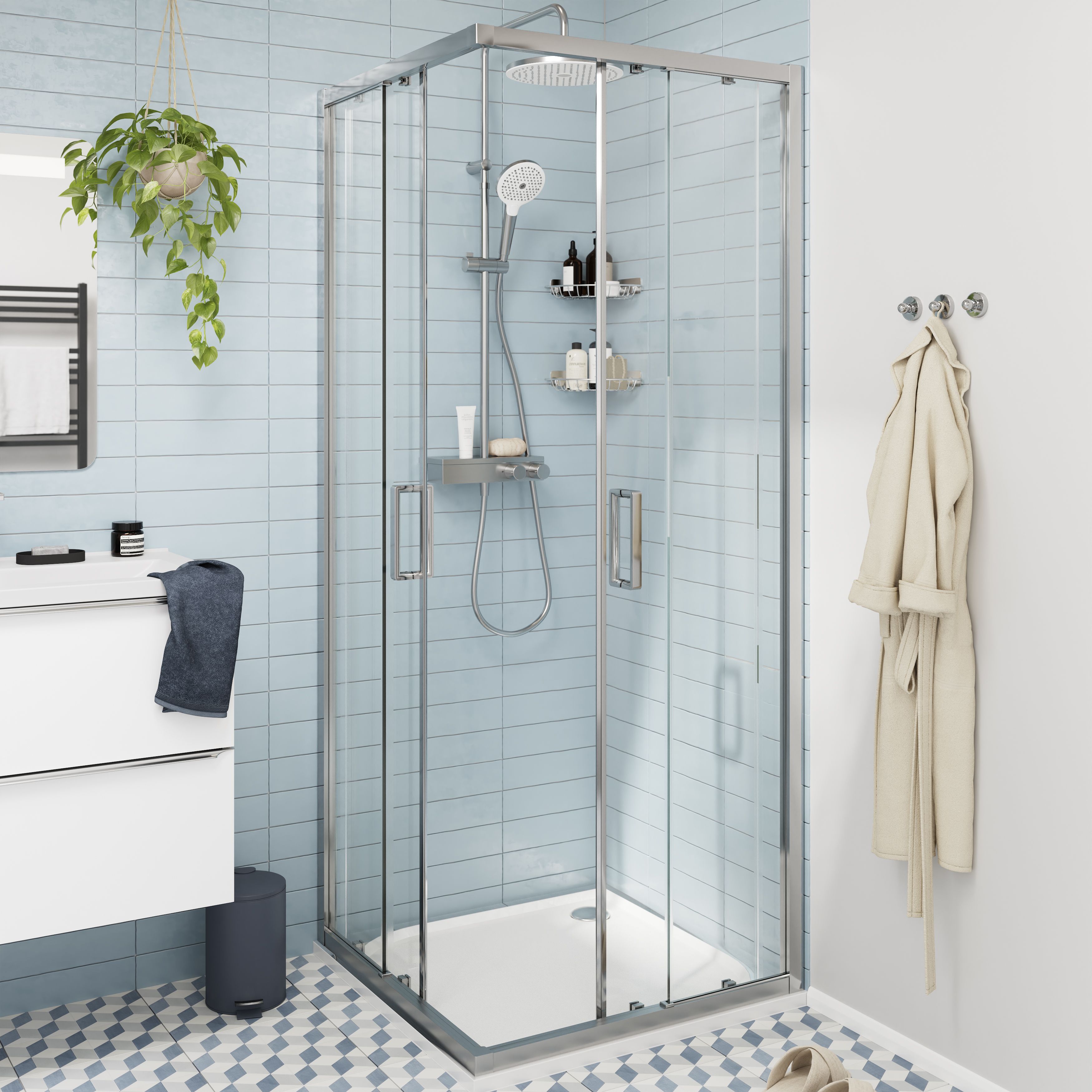 GoodHome Ledava Framed Clear glass Chrome effect Square Shower enclosure - Corner entry double sliding door (W)76cm (D)76cm