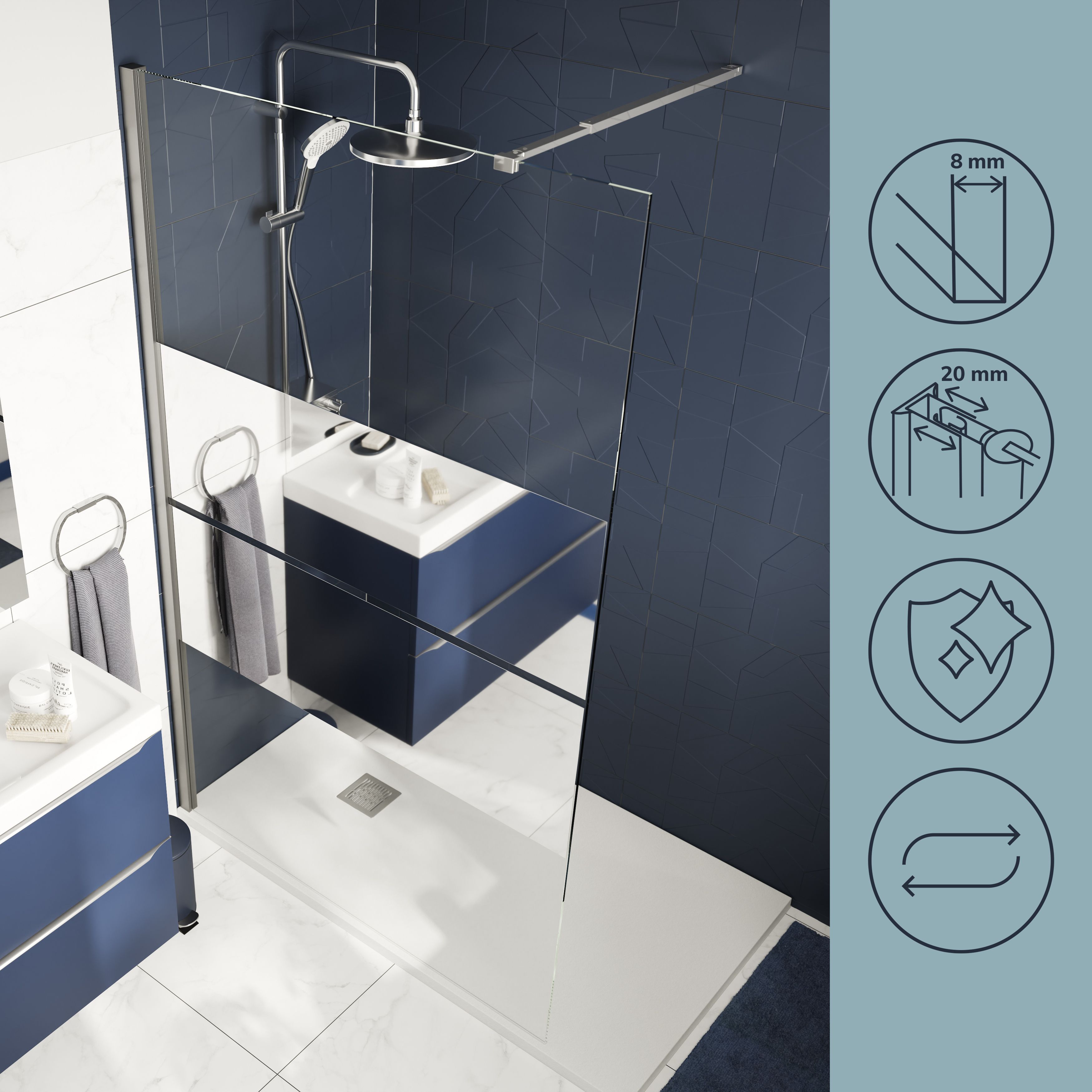 GoodHome Ledava Gloss Chrome effect Textured Minimal frame Walk-in Wet room glass screen (H)195cm (W)100cm