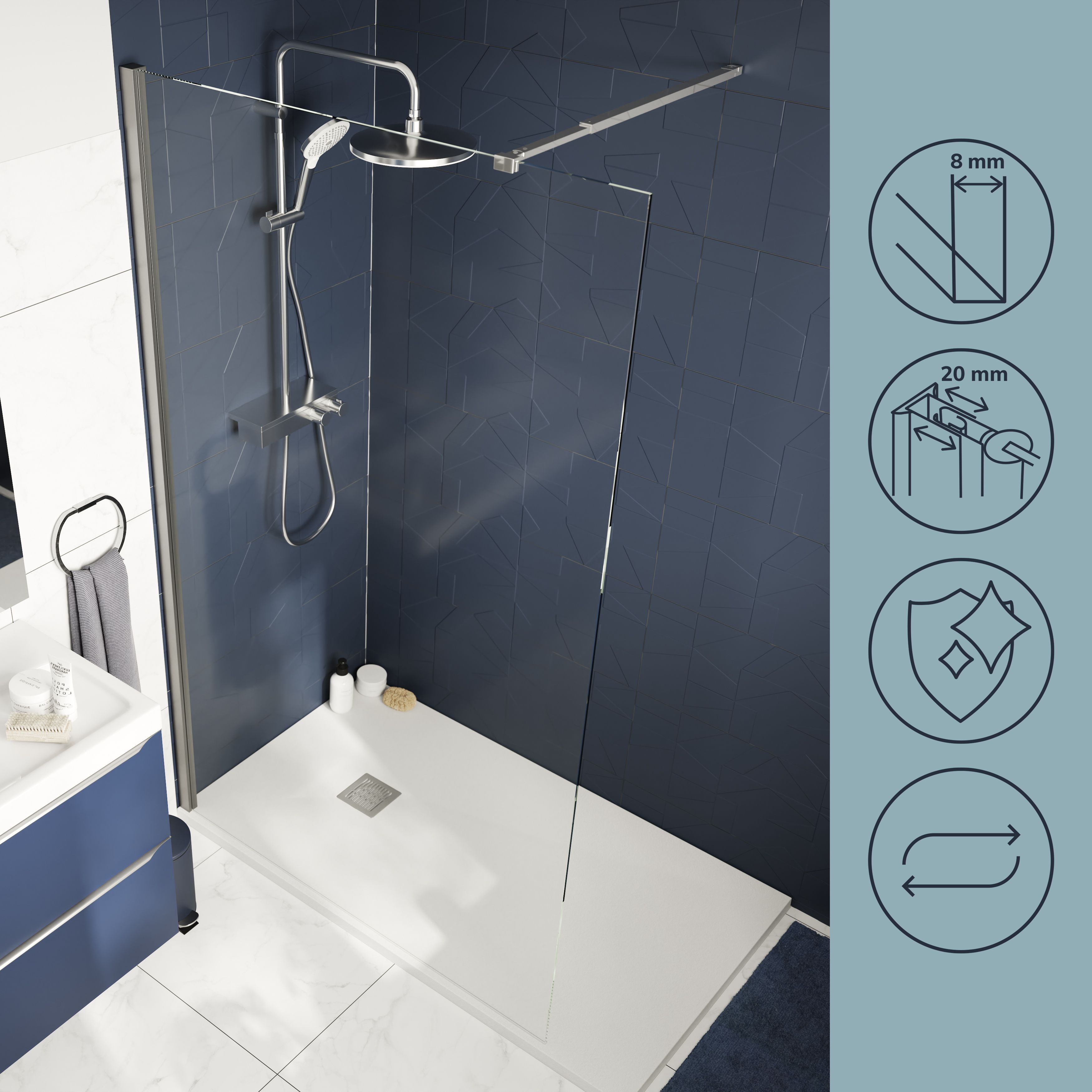 GoodHome Ledava Gloss Chrome effect Textured Minimal frame Walk-in Wet room glass screen (H)195cm (W)70cm