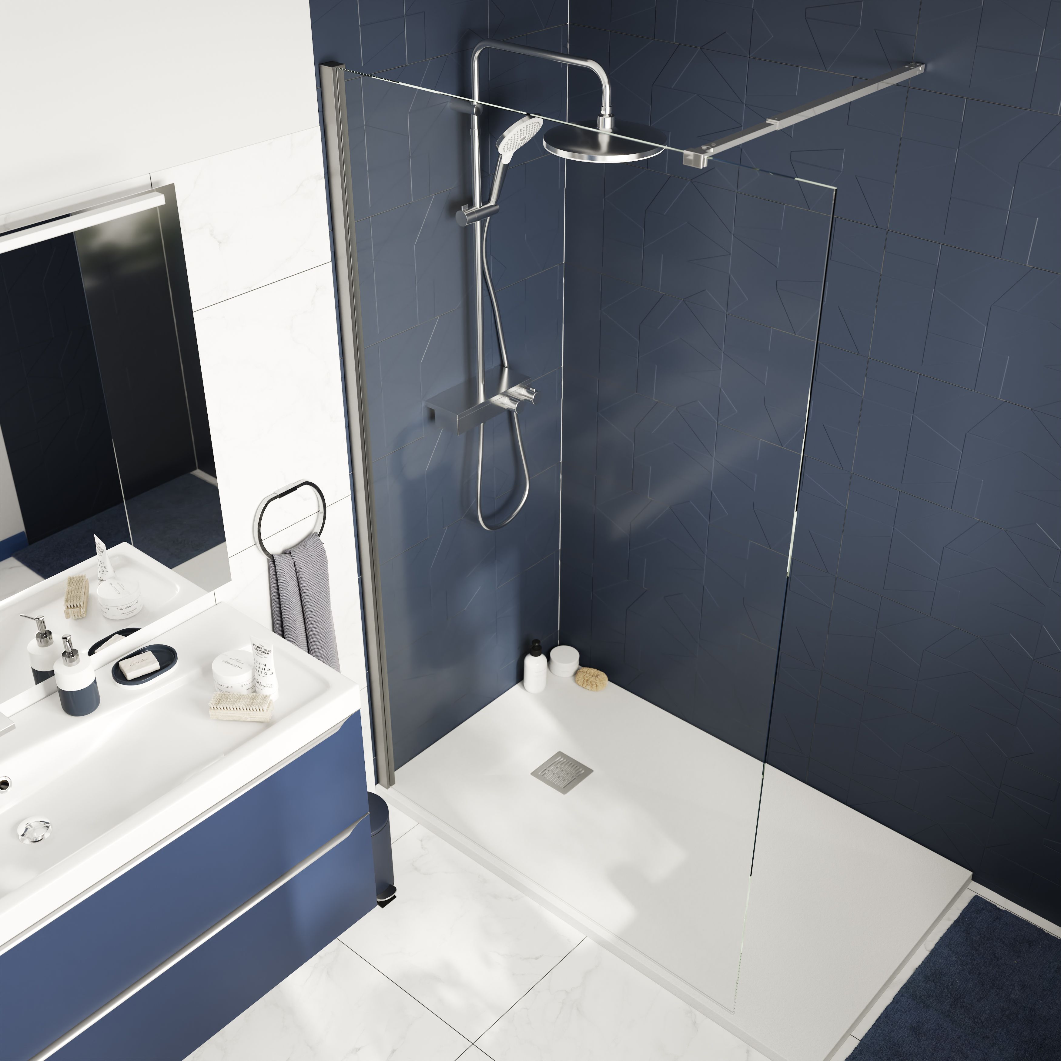 GoodHome Ledava Gloss Chrome effect Textured Walk-in Wet room glass screen (H)195cm (W)70cm