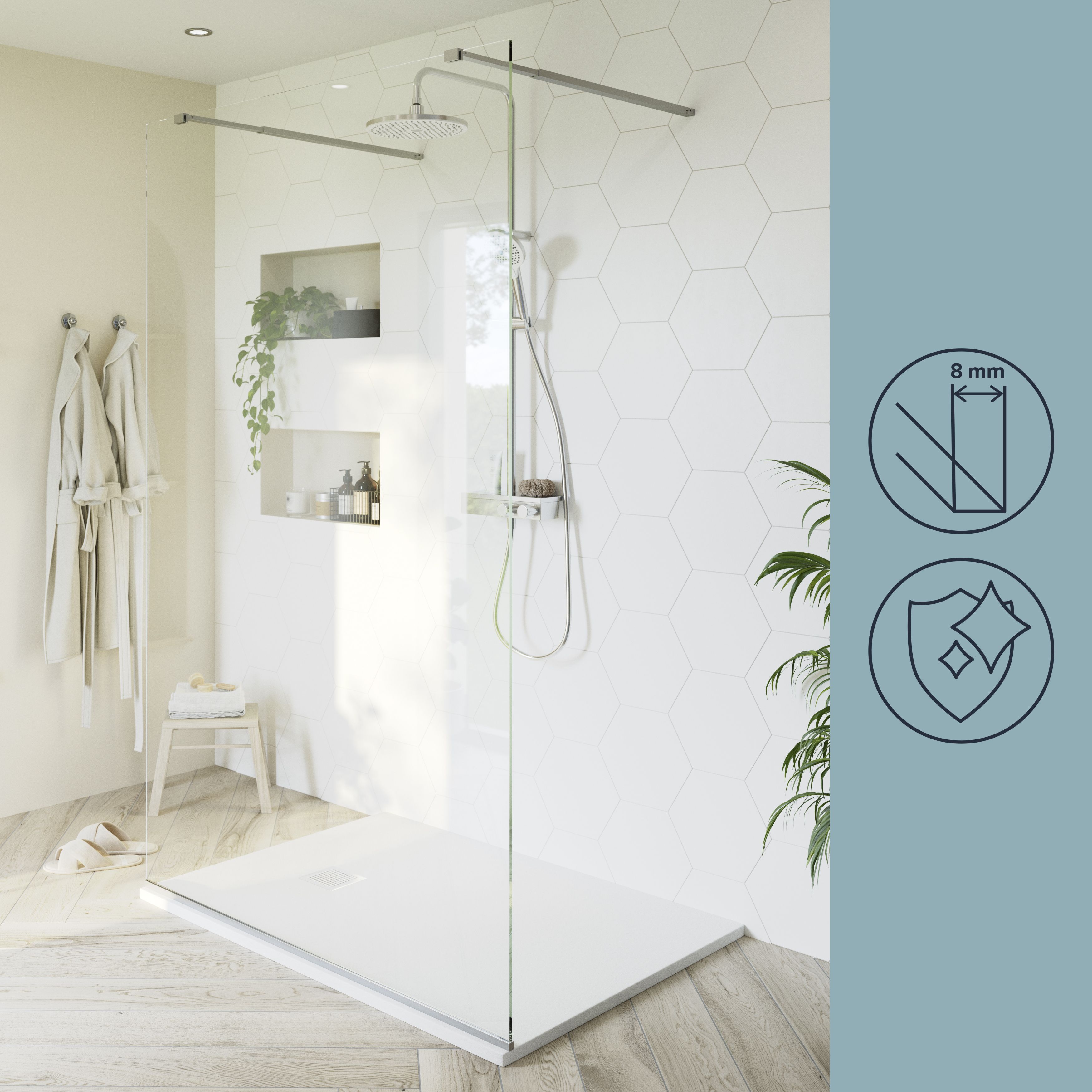 GoodHome Ledava Gloss Chrome Textured Minimal frame Walk-in Wet room glass screen (H)195cm (W)120cm