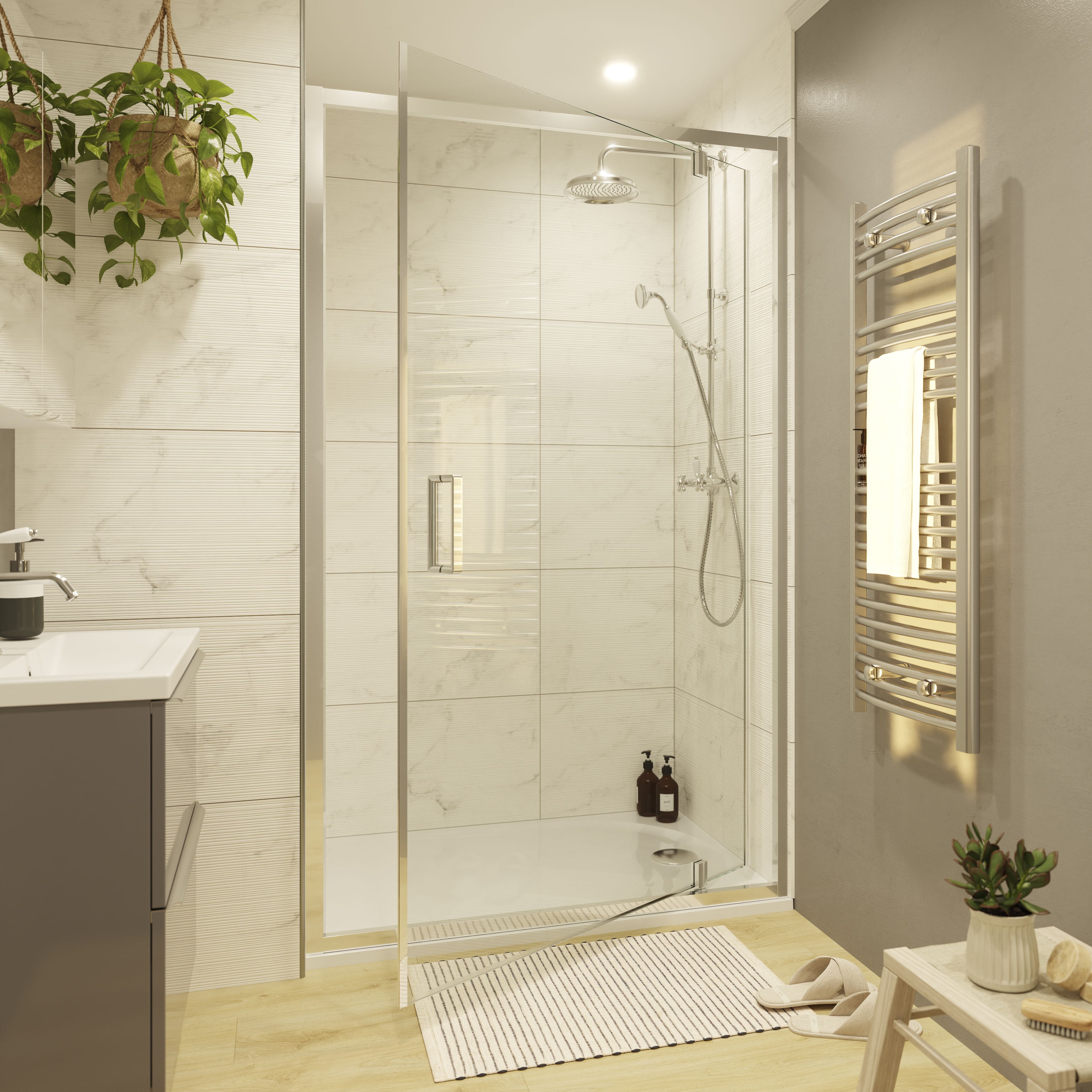 GoodHome Ledava Minimal frame Chrome effect Clear glass Half open pivot Shower door (H)195cm (W)120cm