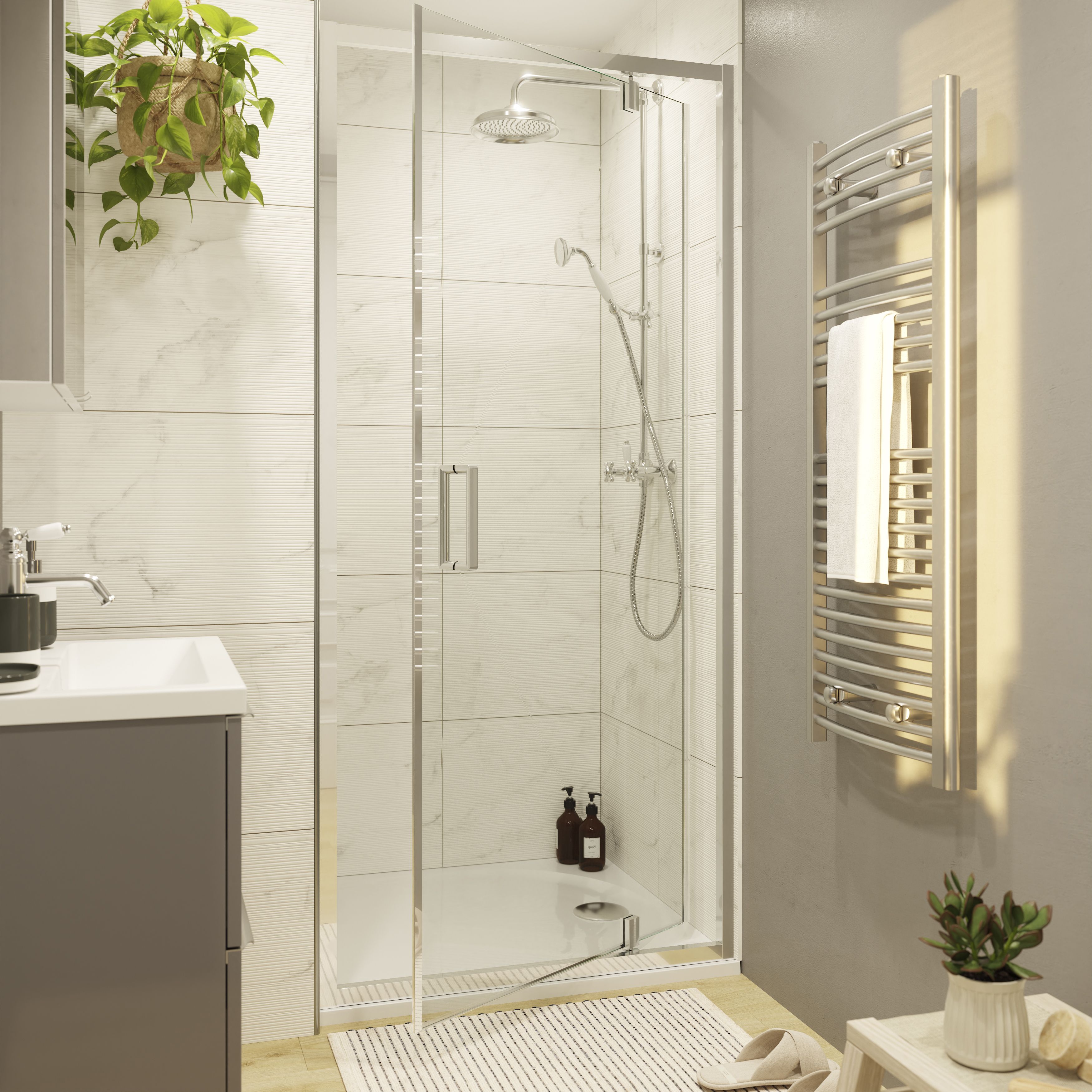 GoodHome Ledava Minimal frame Chrome effect Clear glass Half open pivot Shower door (H)195cm (W)76cm