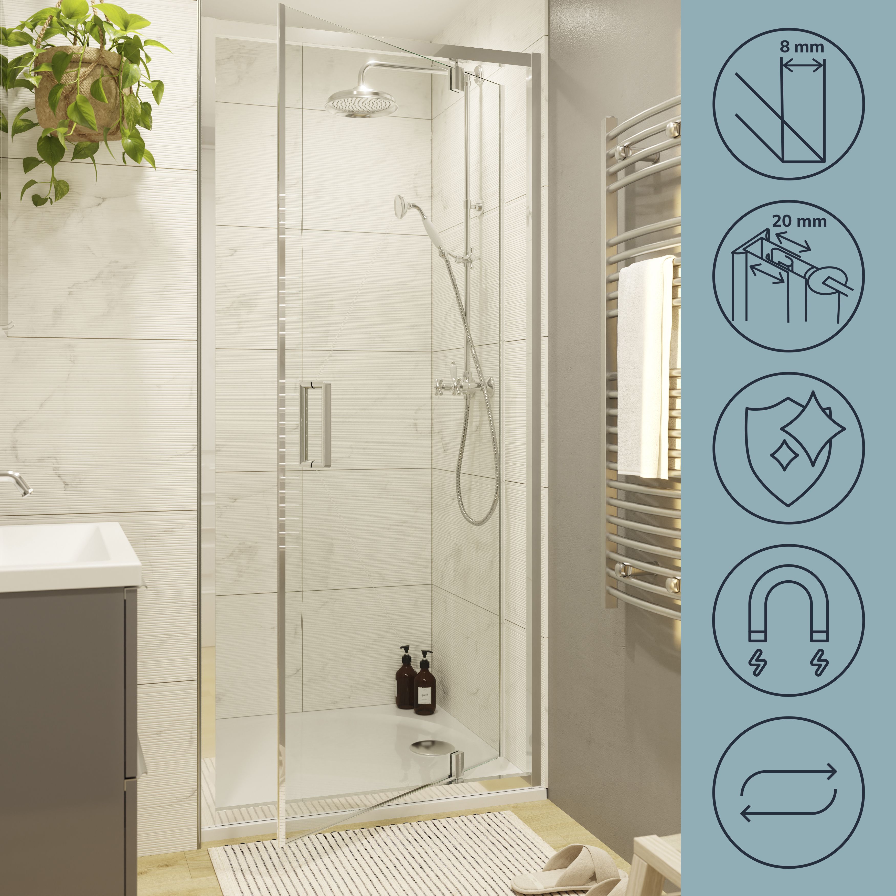 GoodHome Ledava Minimal frame Chrome effect Clear glass Half open pivot Shower door (H)195cm (W)76cm