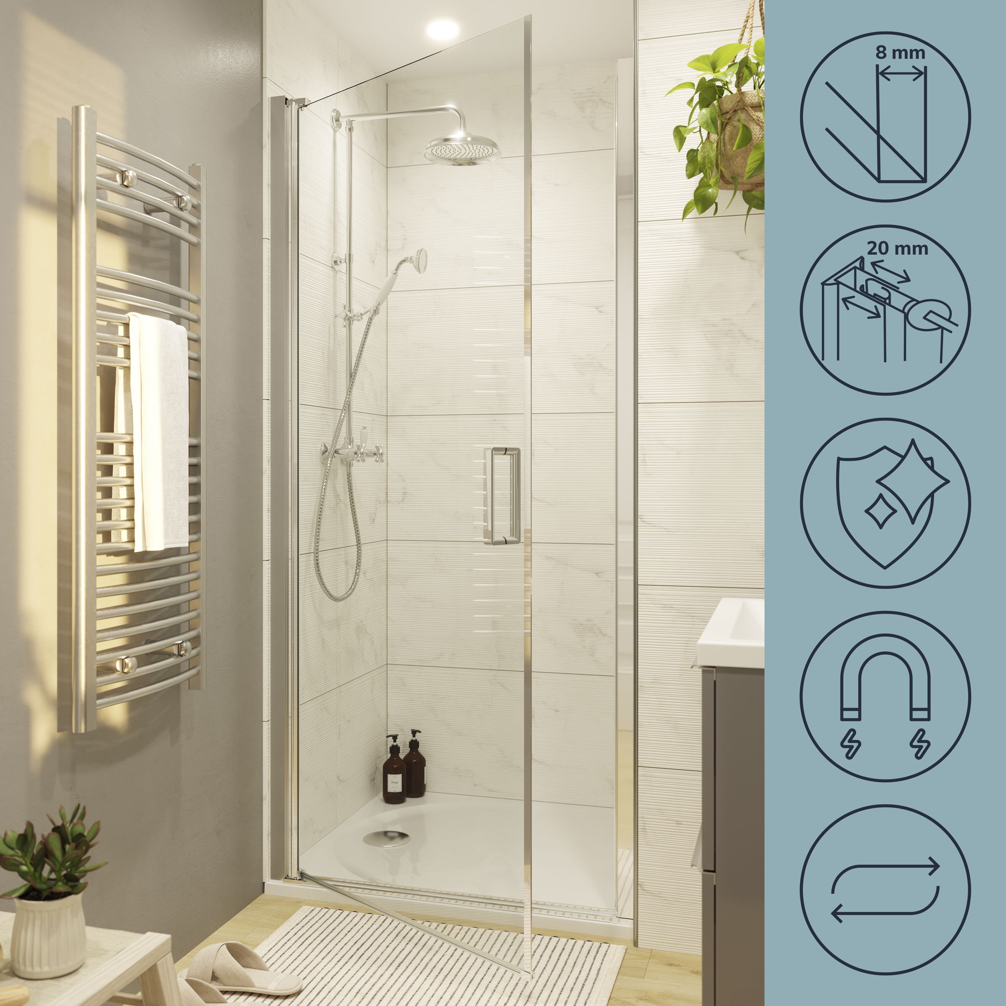 GoodHome Ledava Minimal frame Chrome effect Clear glass Pivot Shower door (H)195cm (W)90cm