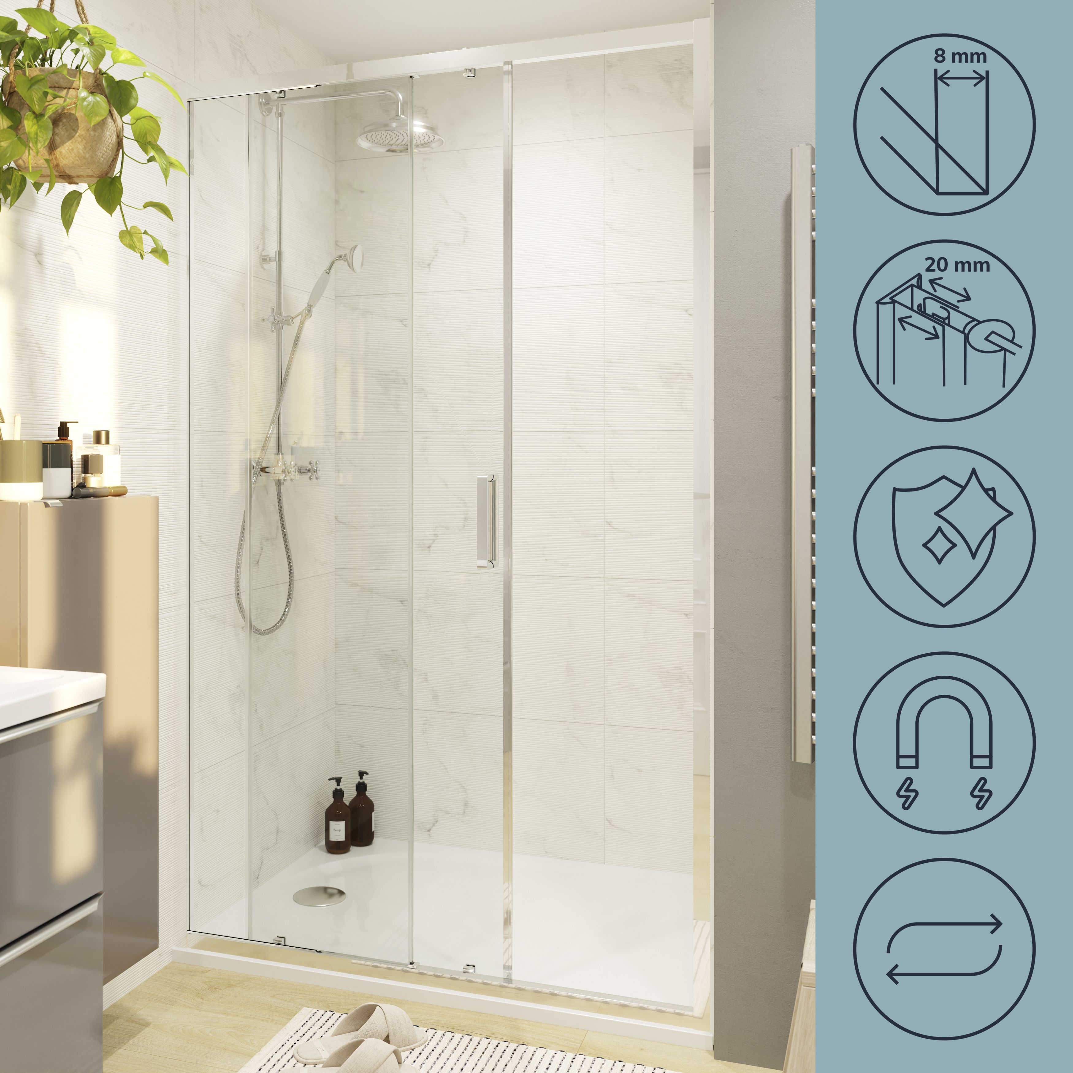 GoodHome Ledava Minimal frame Chrome effect Clear glass Sliding Shower door (H)195cm (W)140cm