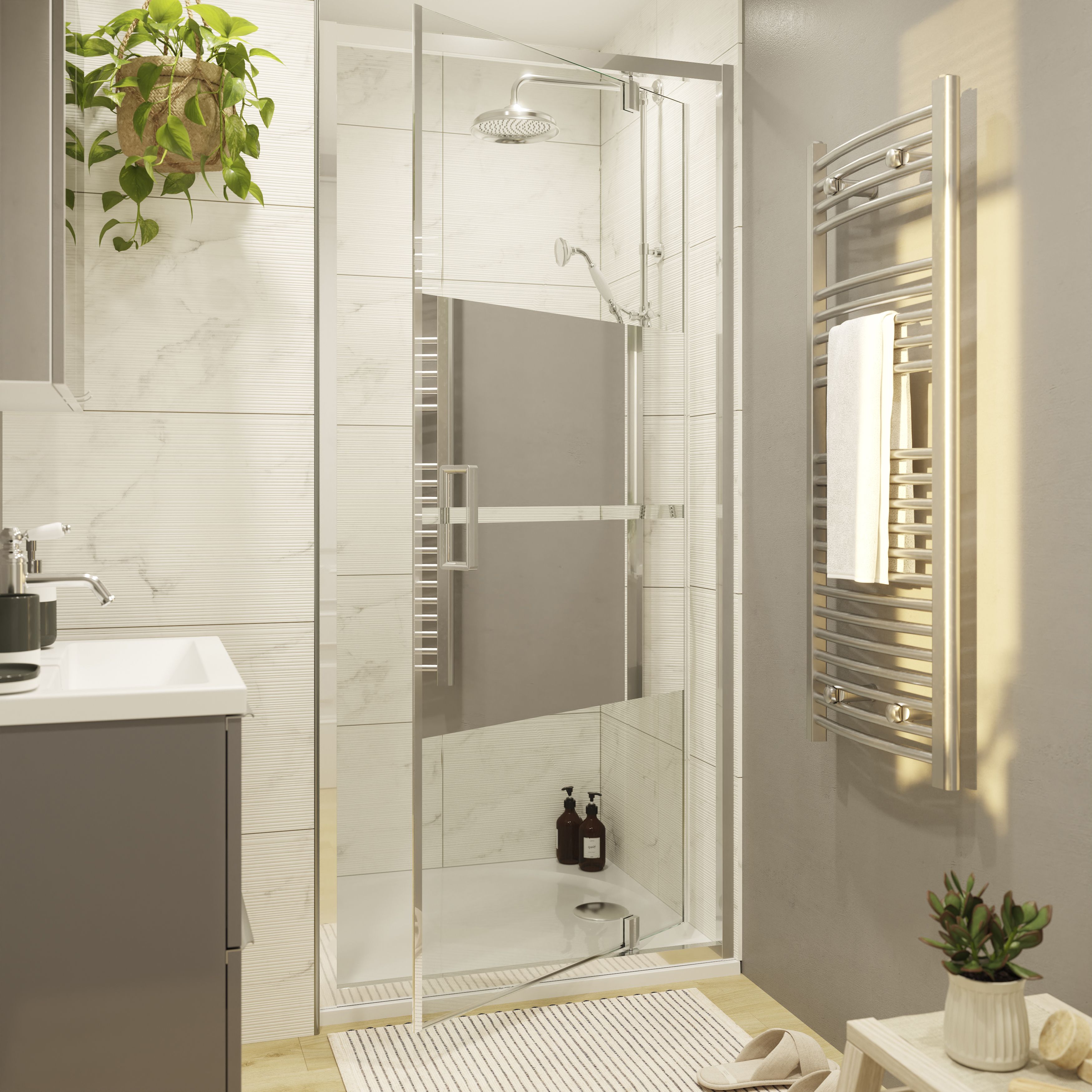 GoodHome Ledava Minimal frame Chrome effect Mirror Strip Half open pivot Shower door (H)195cm (W)120cm
