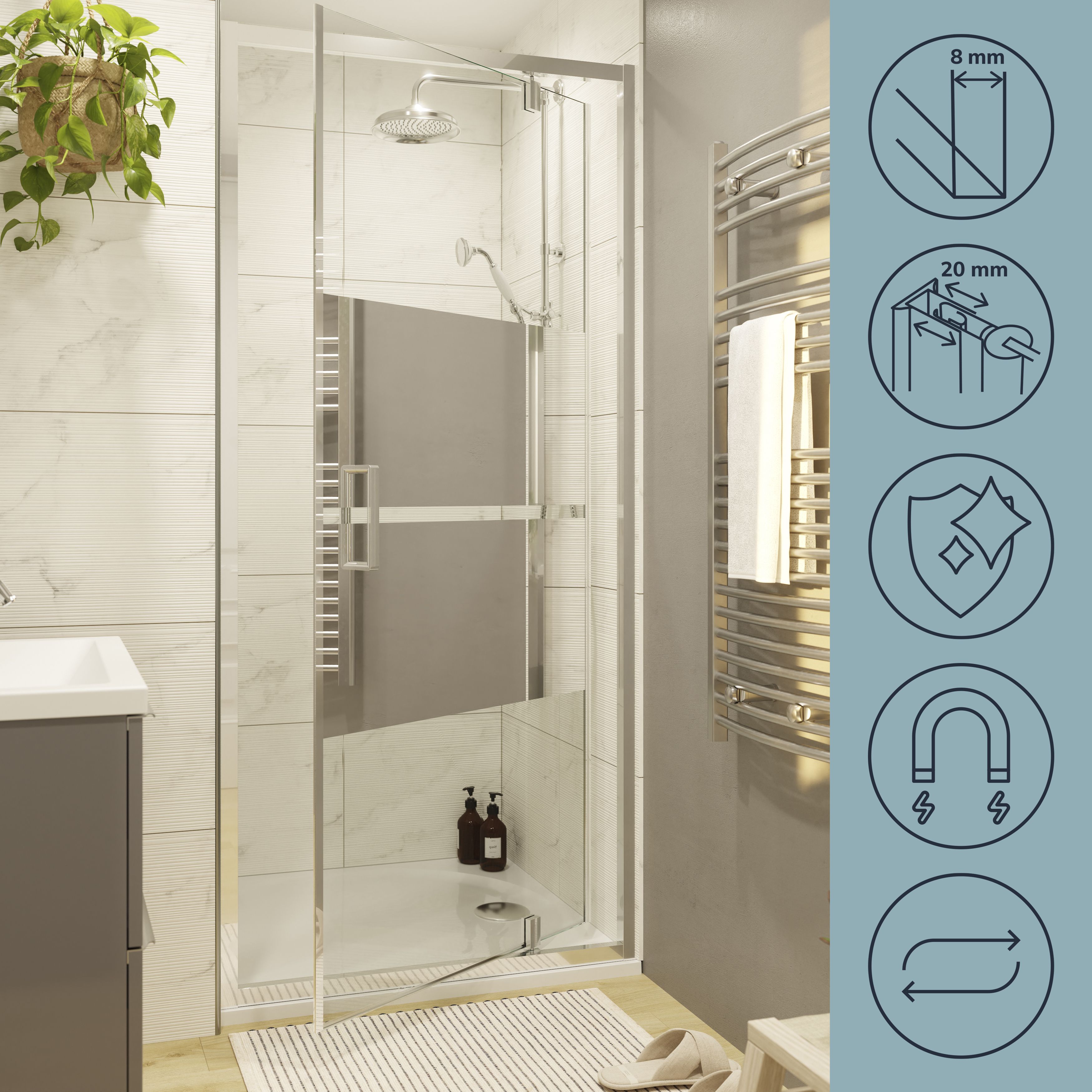 GoodHome Ledava Minimal frame Chrome effect Mirror Strip Half open pivot Shower door (H)195cm (W)120cm