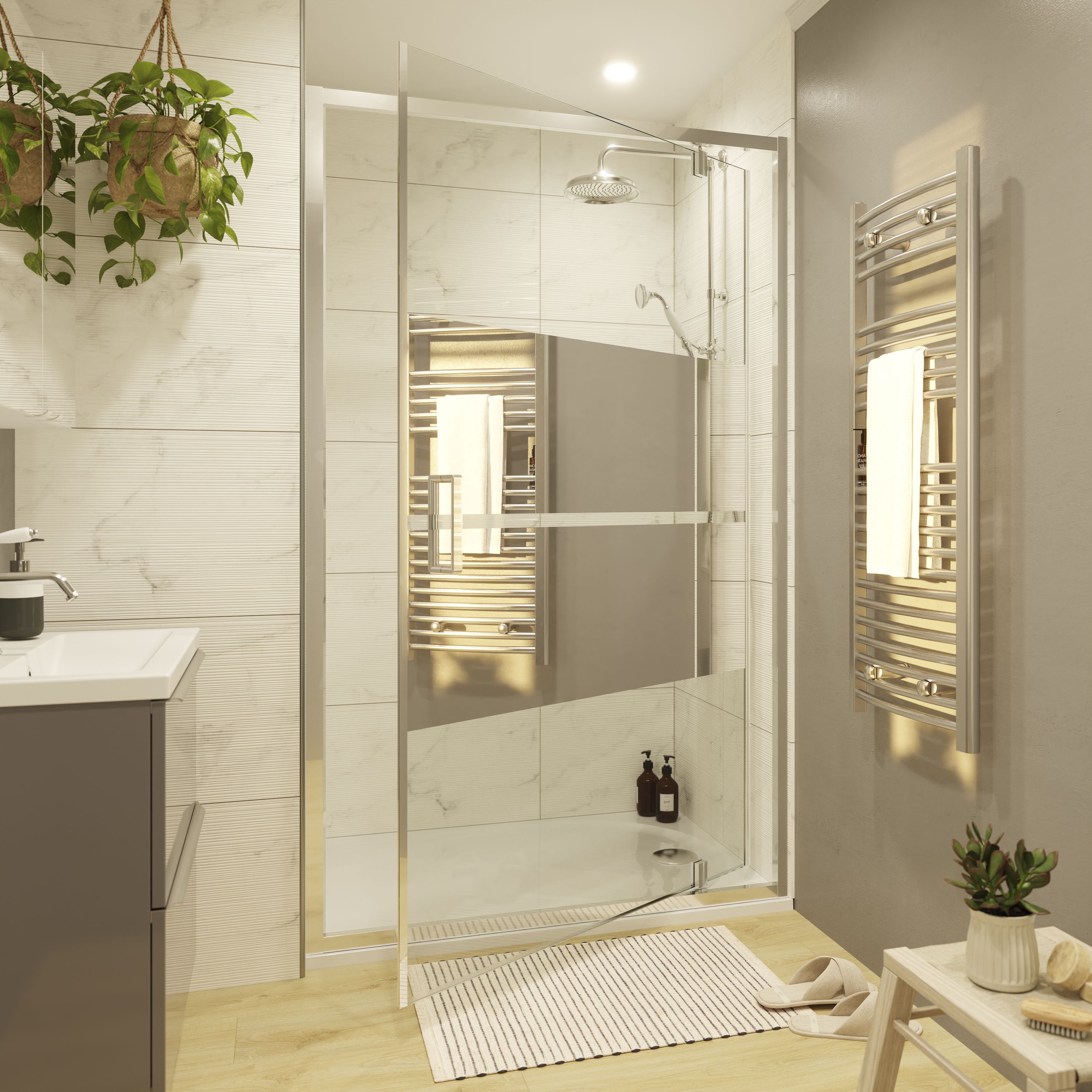 GoodHome Ledava Minimal frame Chrome effect Mirror Strip Half open pivot Shower door (H)195cm (W)120cm