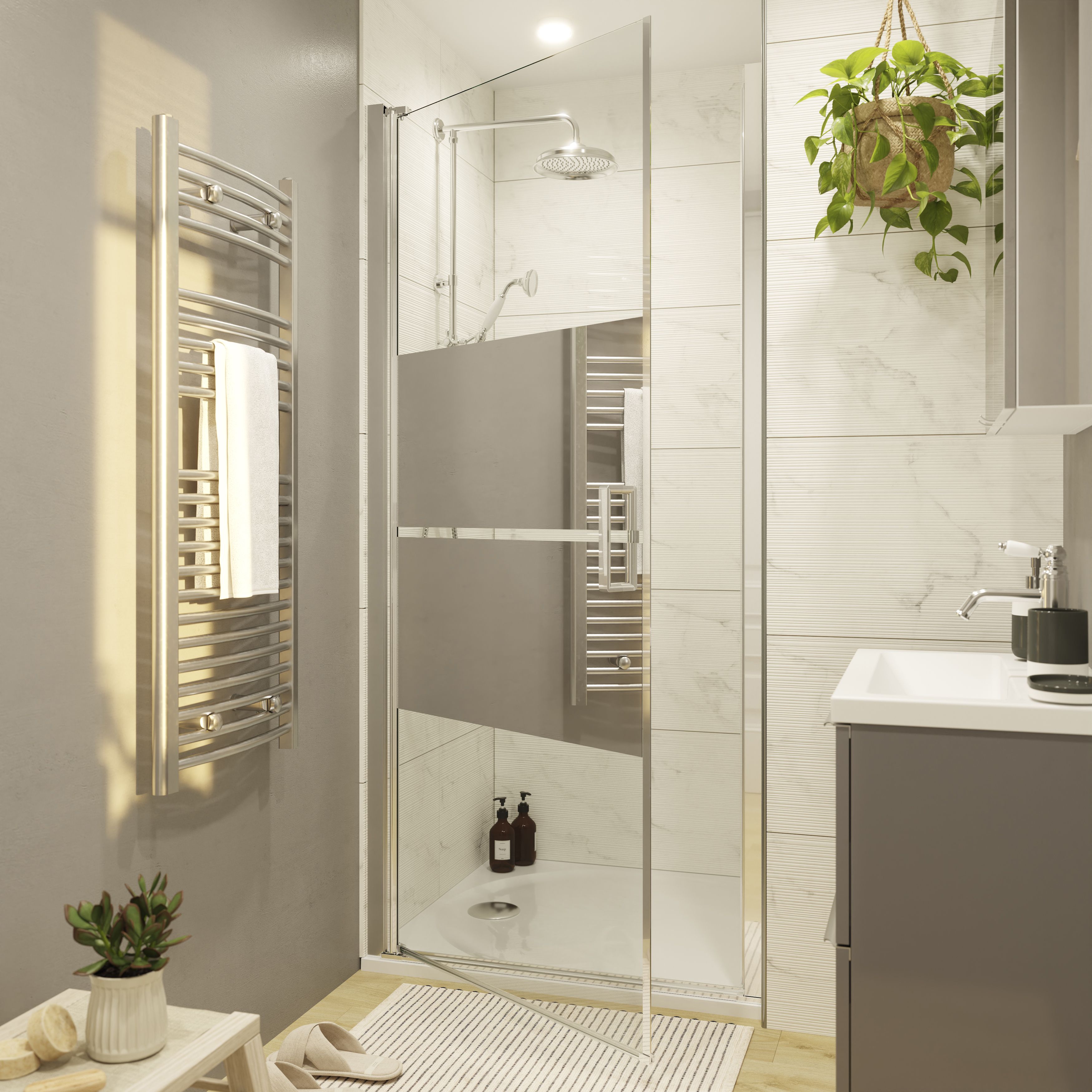 GoodHome Ledava Minimal frame Chrome effect Mirror Strip Pivot Shower door (H)195cm (W)80cm